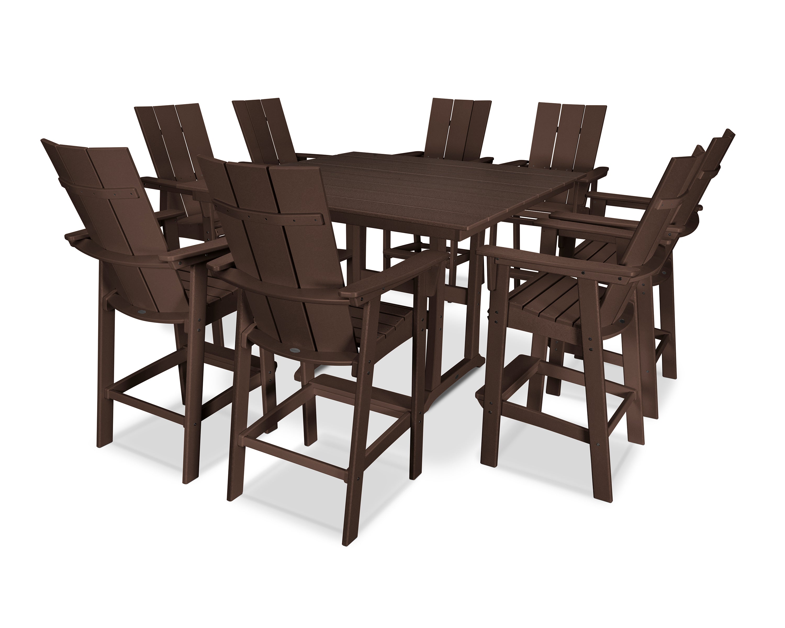 POLYWOOD® Modern Curveback Adirondack 9-Piece Farmhouse Trestle Bar Set in Mahogany