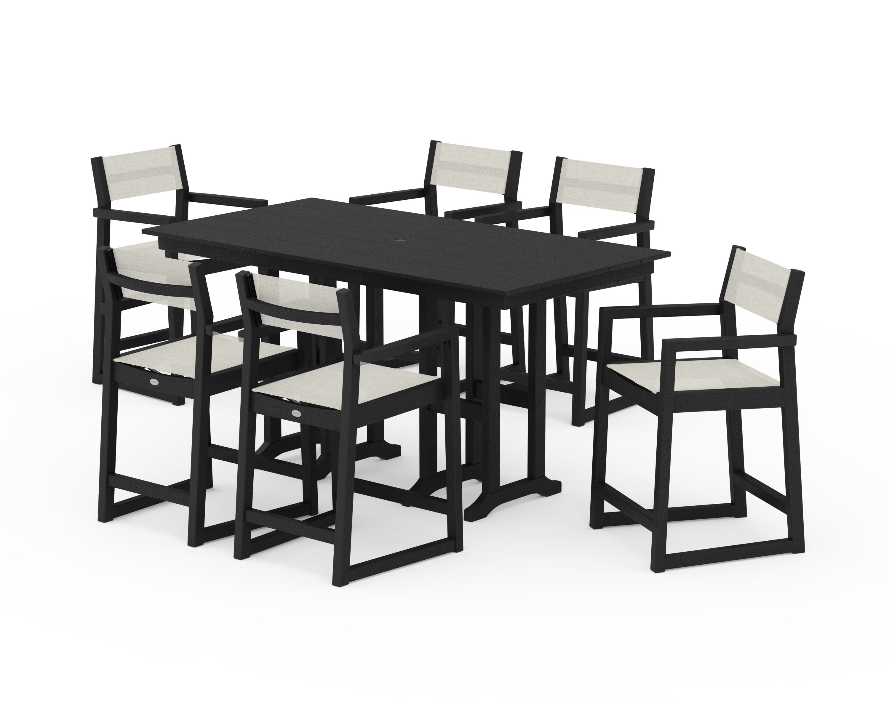 POLYWOOD EDGE Sling Arm Chair 7-Piece Farmhouse Counter Set in Black / Parchment Sling