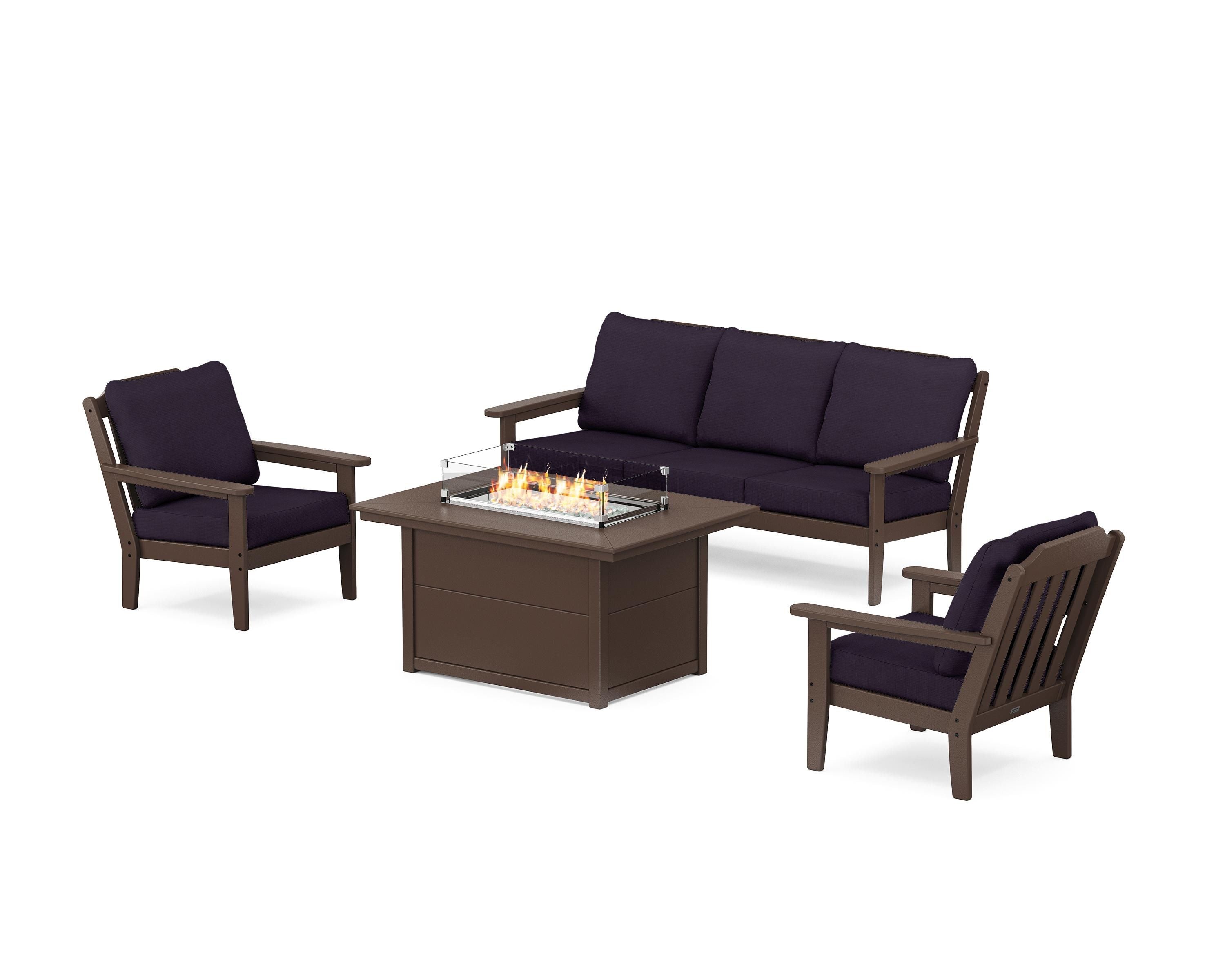 Country Living Cottage Deep Seating Fire Pit Table Set in Mahogany / Navy Linen