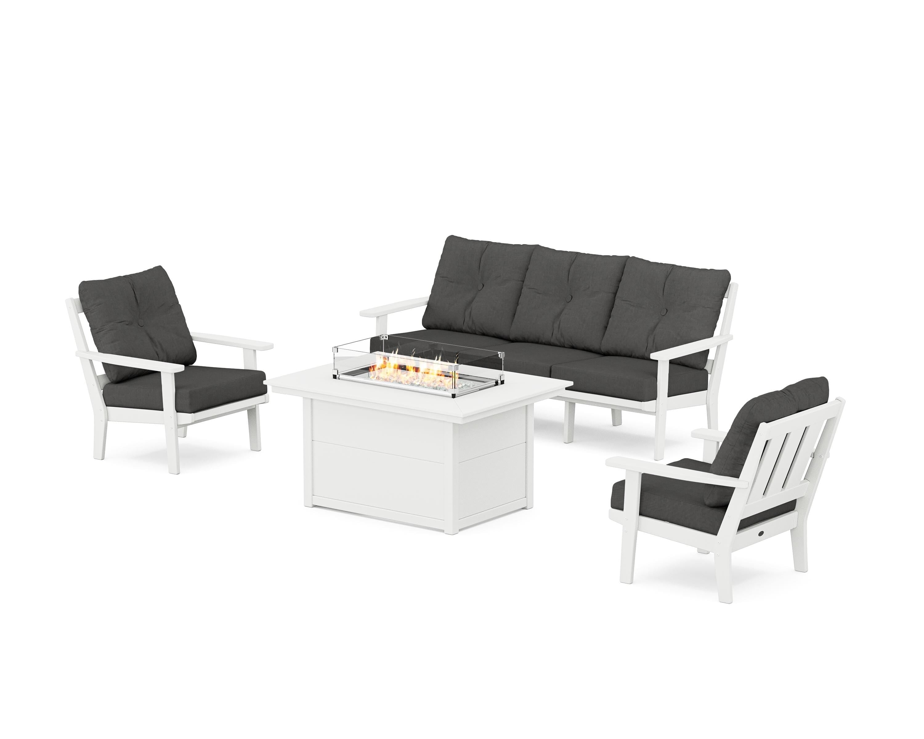 POLYWOOD Oxford Deep Seating Fire Pit Table Set in White / Spectrum Carbon