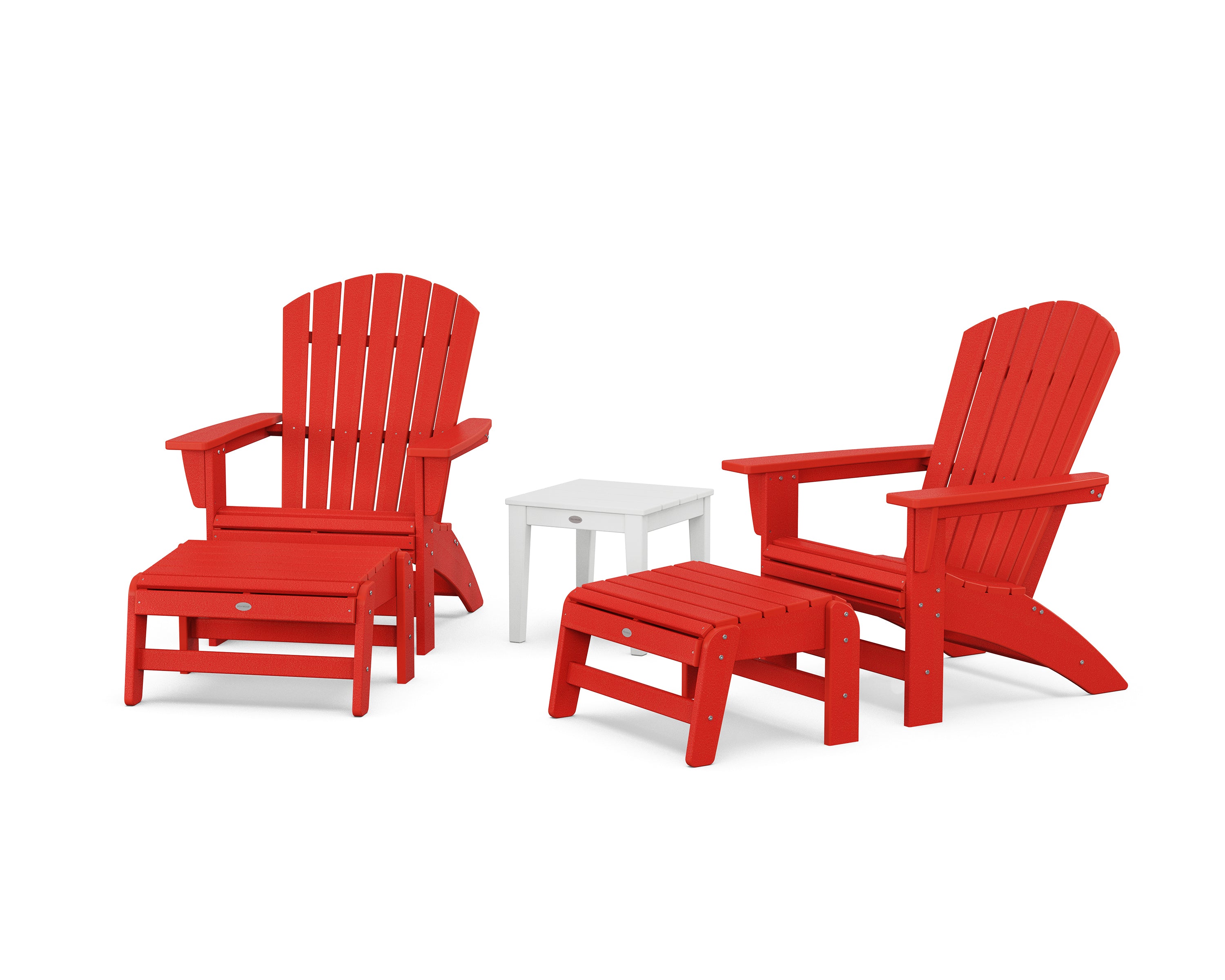 POLYWOOD 5-Piece Nautical Grand Adirondack Set with Ottomans and Side Table in Sunset Red / White