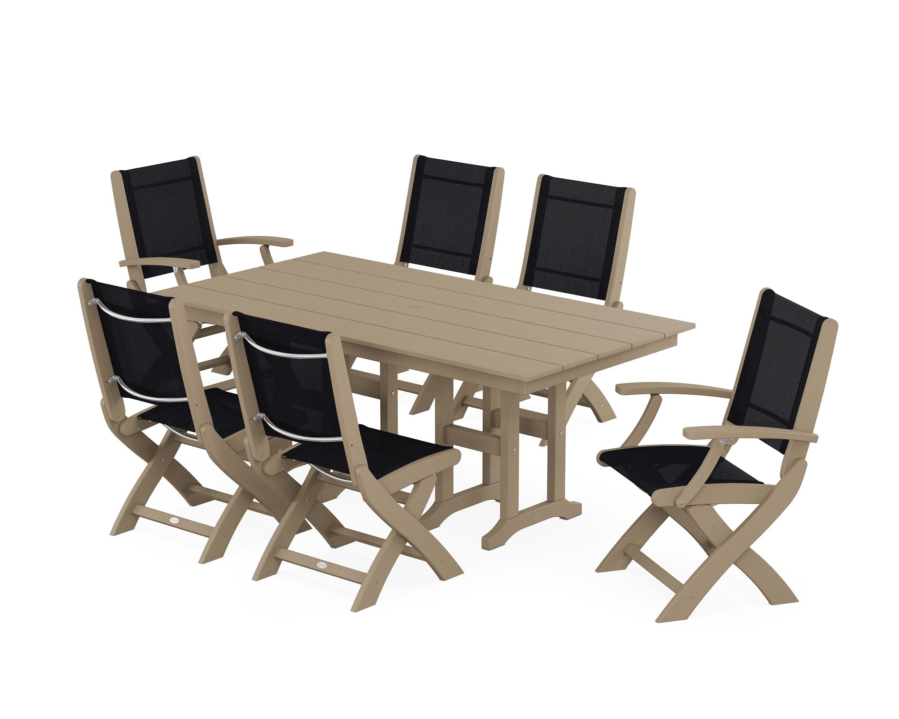 POLYWOOD Coastal Folding Chair 7-Piece Farmhouse Dining Set in Vintage Sahara / Black Sling