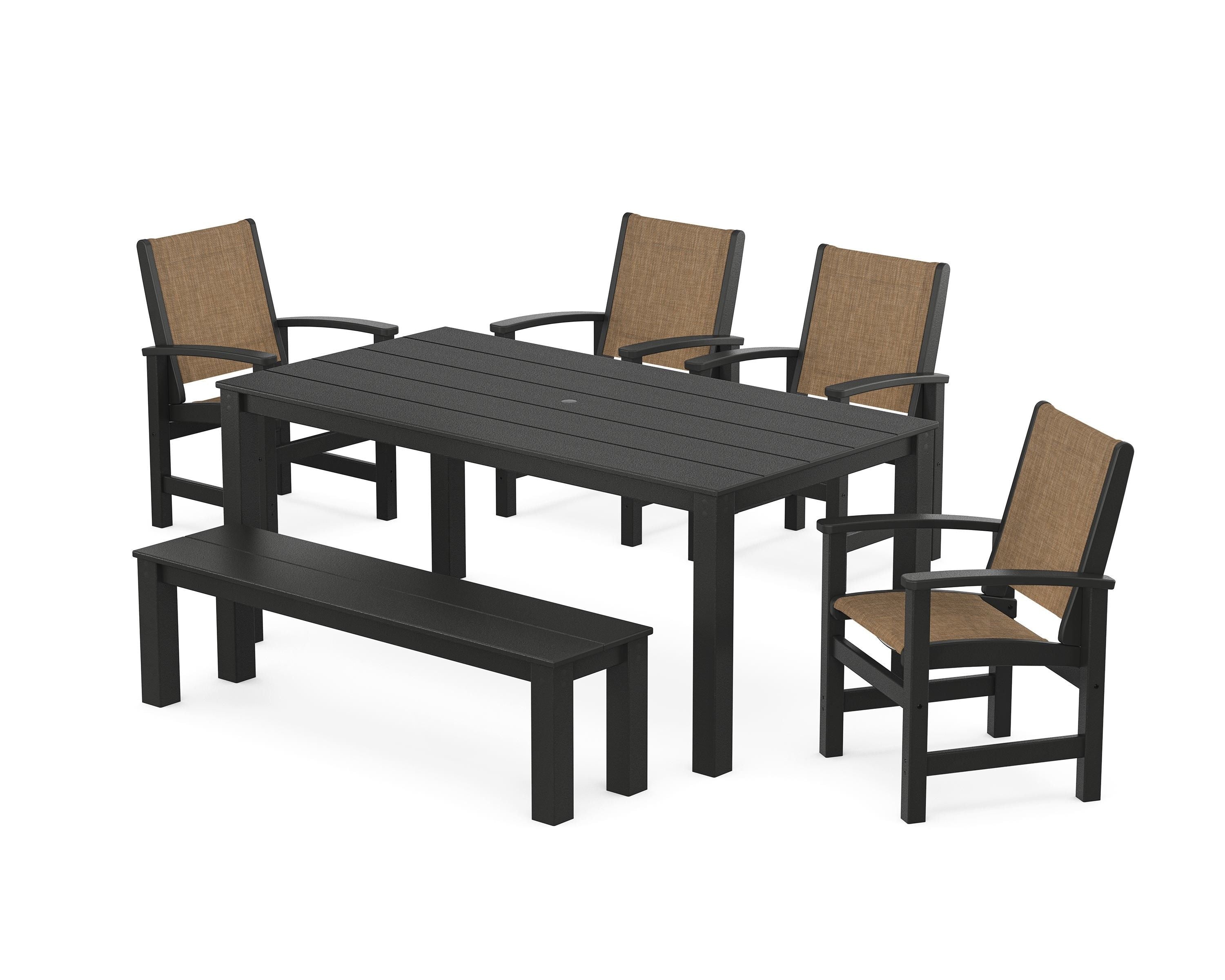 POLYWOOD Coastal 6-Piece Parsons Dining Set with Bench in Black / Burlap Sling