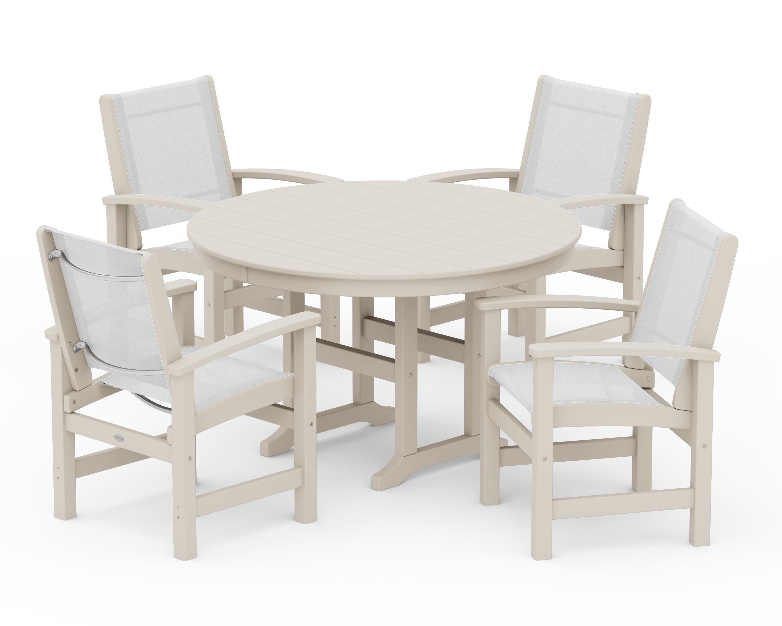 POLYWOOD Coastal 5-Piece Round Farmhouse Dining Set in Sand / White Sling
