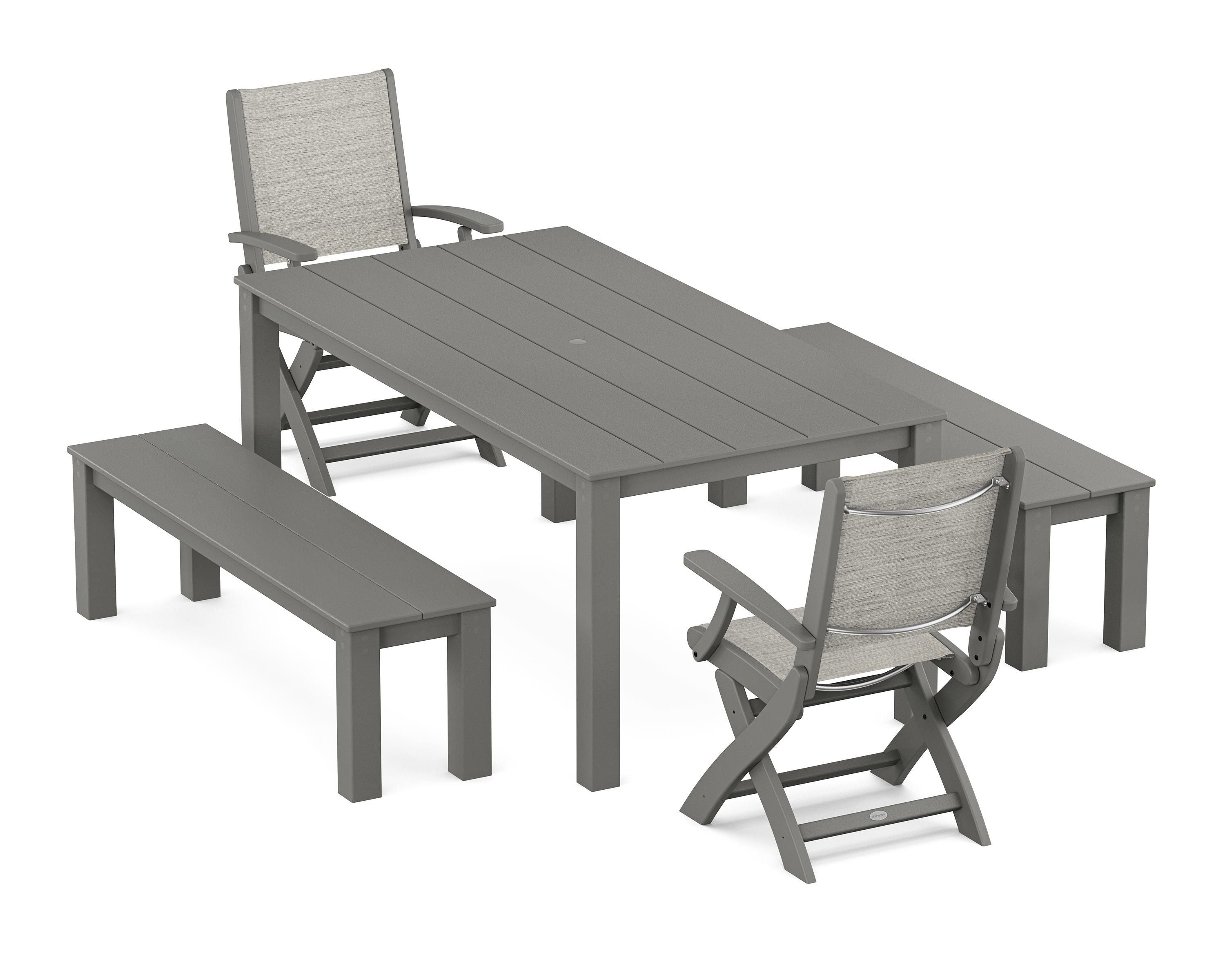 POLYWOOD Coastal Folding Chair 5-Piece Parsons Dining Set with Benches in Slate Grey / Birch Sling
