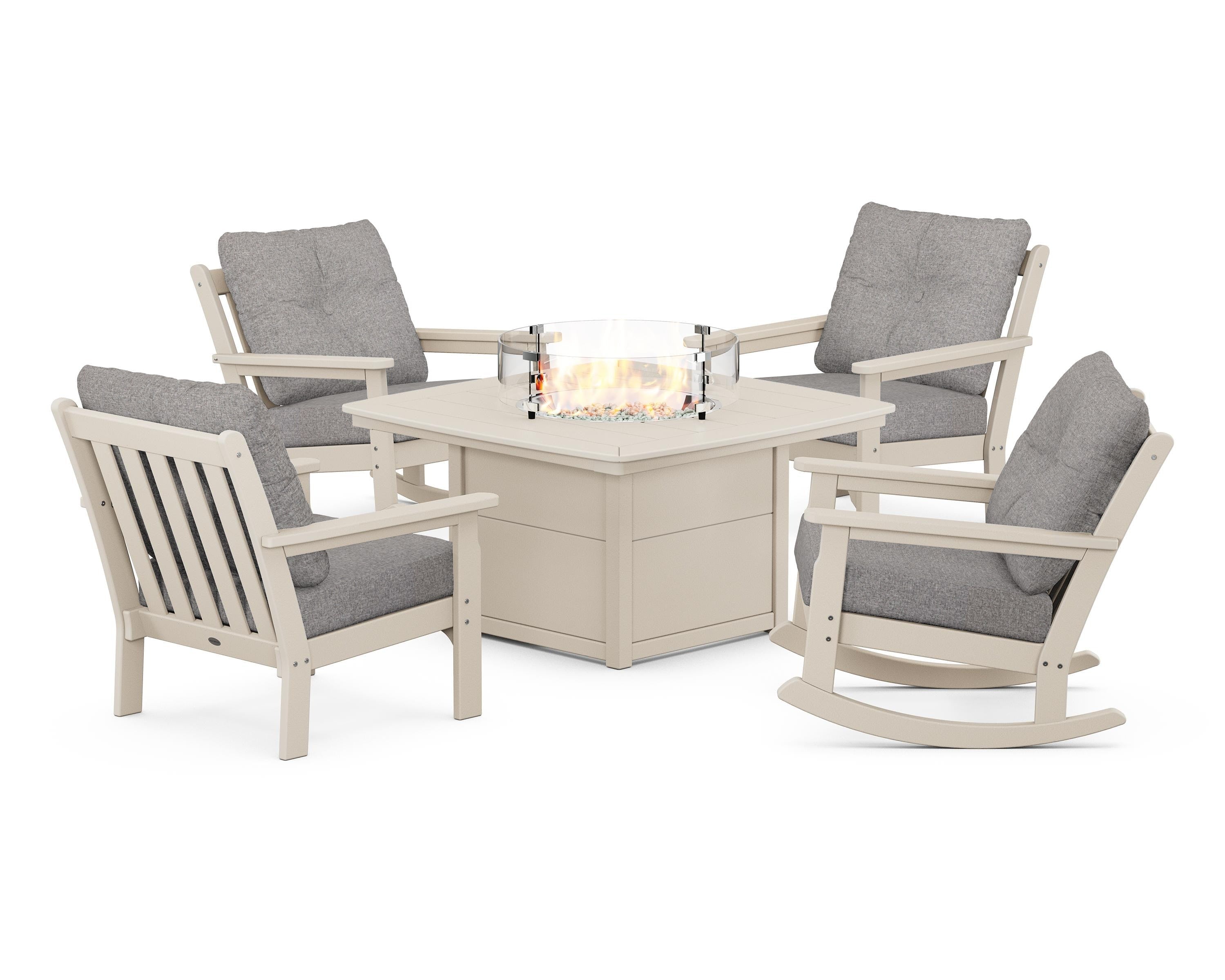 POLYWOOD Vineyard 5-Piece Deep Seating Rocking Chair Conversation Set with Fire Pit Table in Sand / Grey Mist