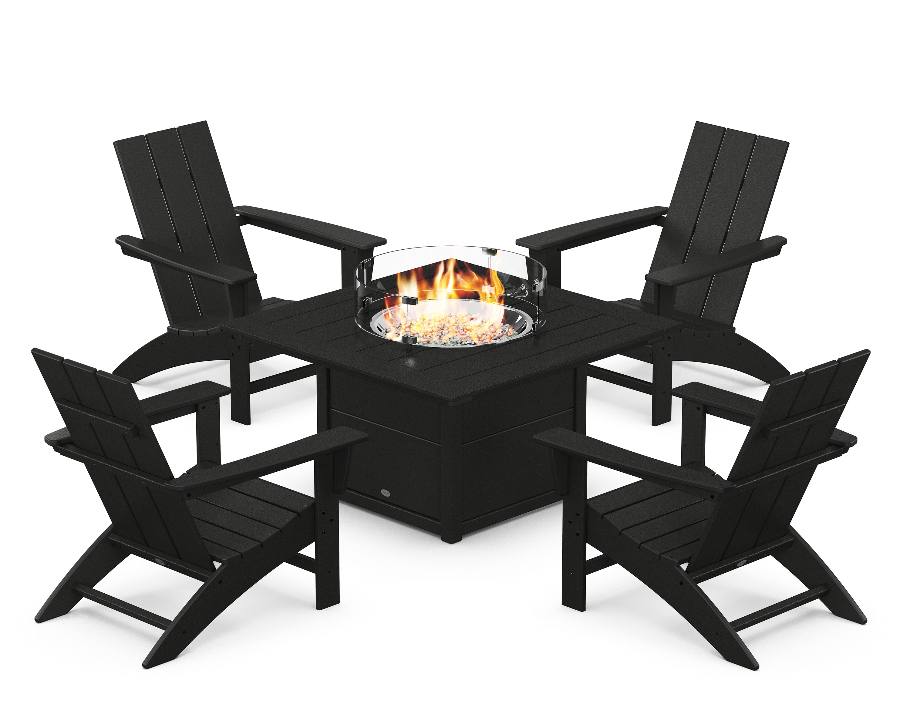 POLYWOOD Modern 5-Piece Adirondack Chair Conversation Set with Fire Pit Table in Black