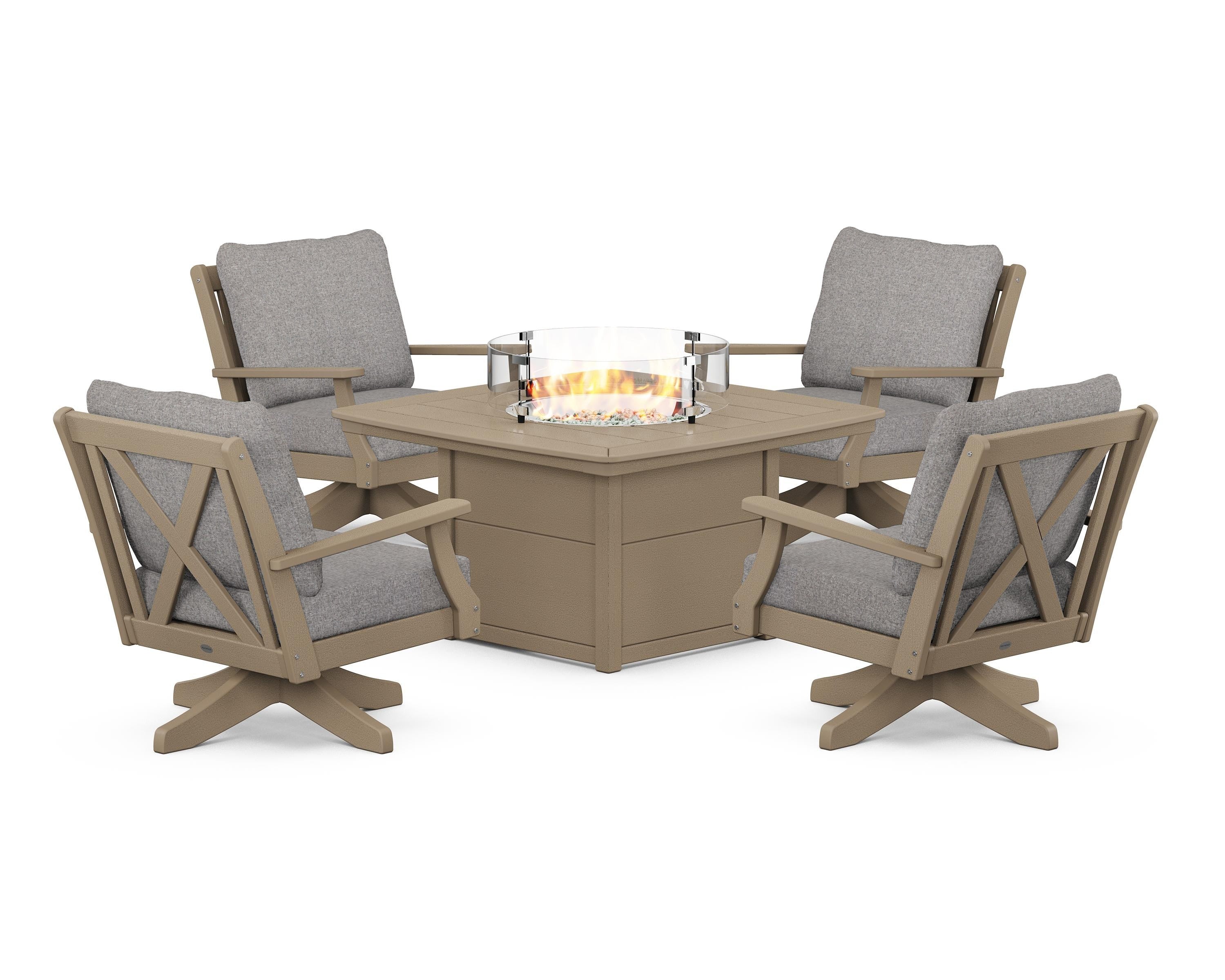 POLYWOOD Braxton 5-Piece Deep Seating Swivel Conversation Set with Fire Pit Table in Vintage Sahara / Grey Mist