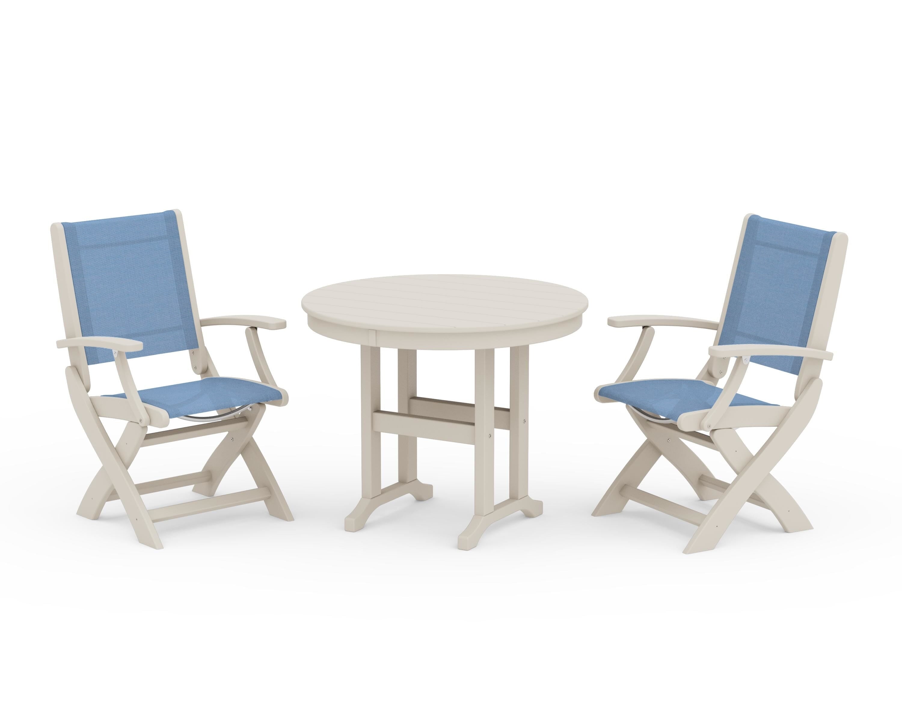 POLYWOOD Coastal Folding Chair 3-Piece Round Dining Set in Sand / Poolside Sling