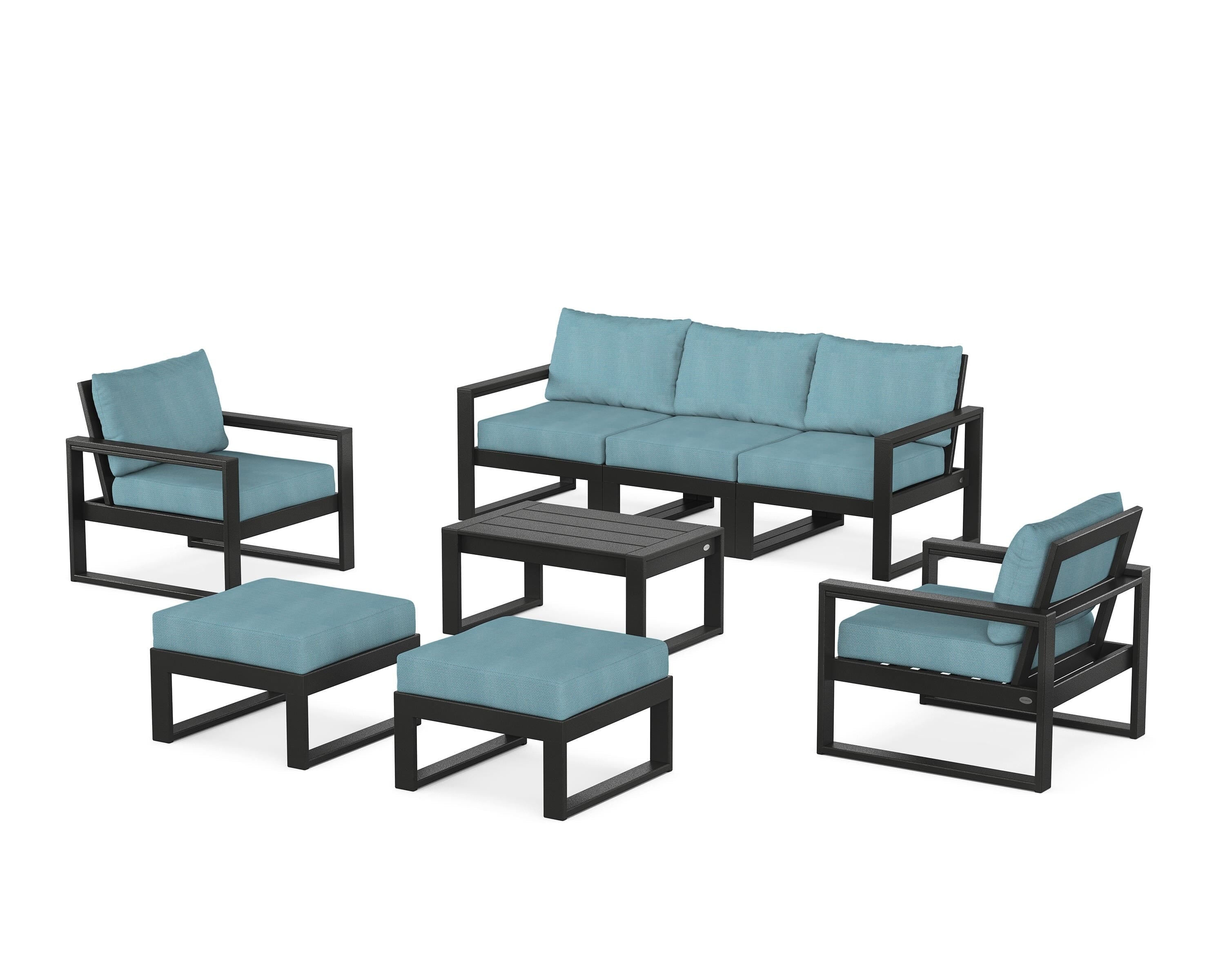 POLYWOOD EDGE Sectional 8-Piece Lounge Sofa Set in Black / Lattice Sky Blue