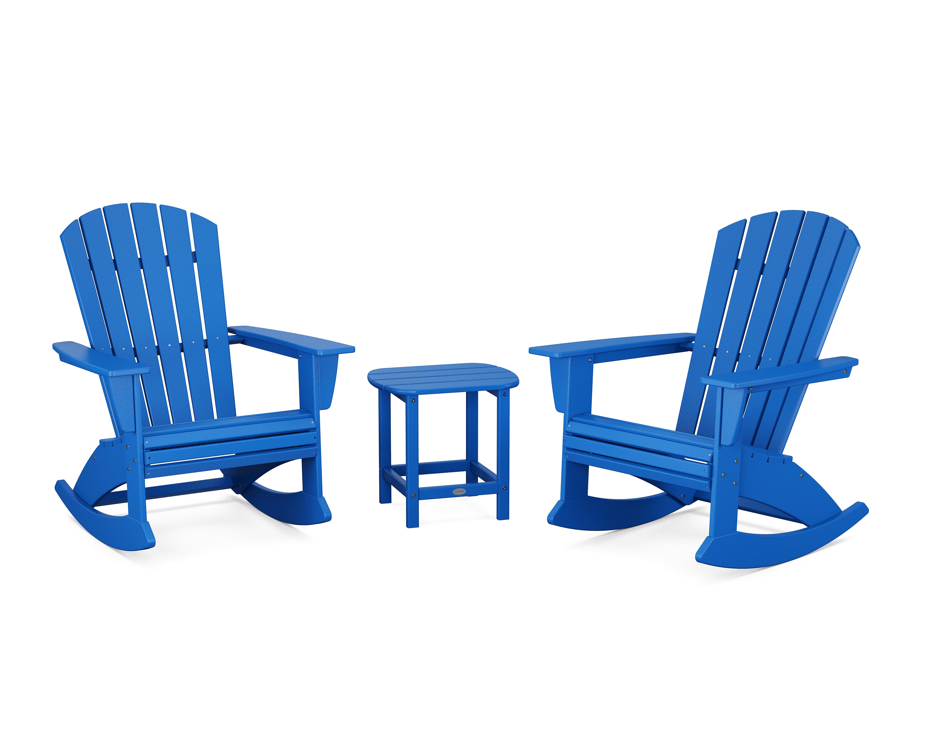 POLYWOOD Nautical Curveback 3-Piece Adirondack Rocking Chair Set in Pacific Blue