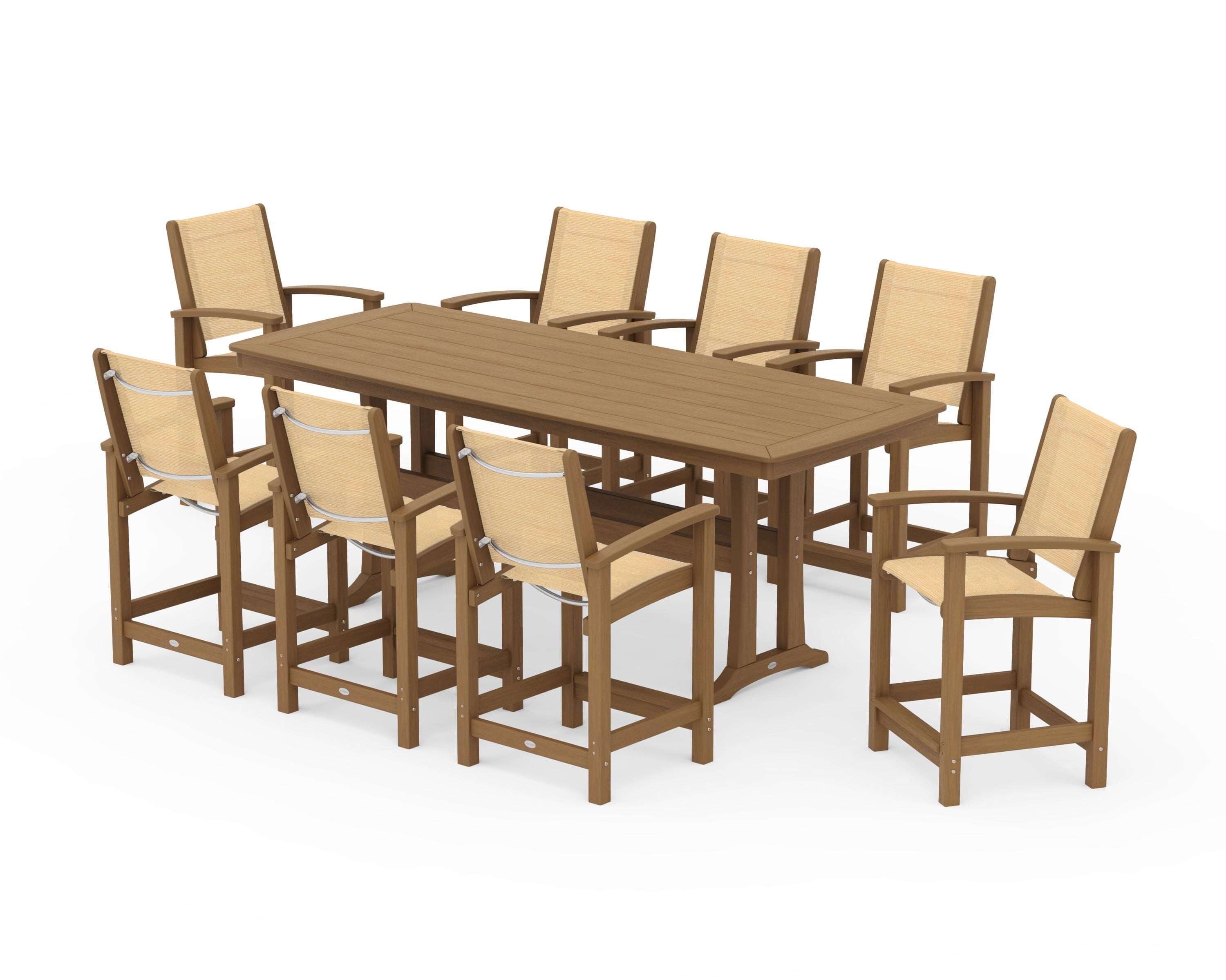 POLYWOOD Coastal 9-Piece Counter Set with Trestle Legs in Natural / Dupioni Apricot Sling