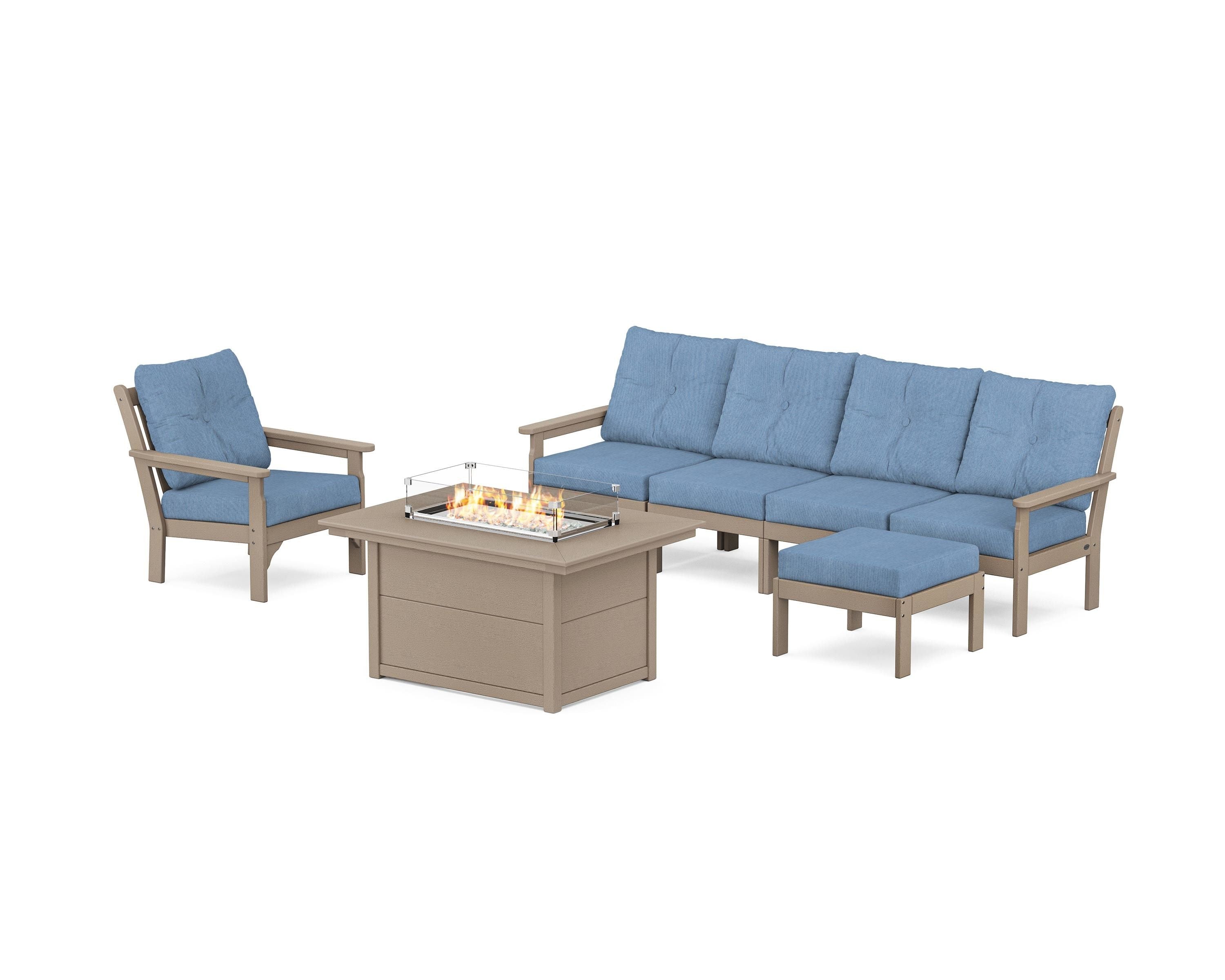 POLYWOOD Vineyard Sectional Lounge and Fire Pit Set in Vintage Sahara / Sky Blue