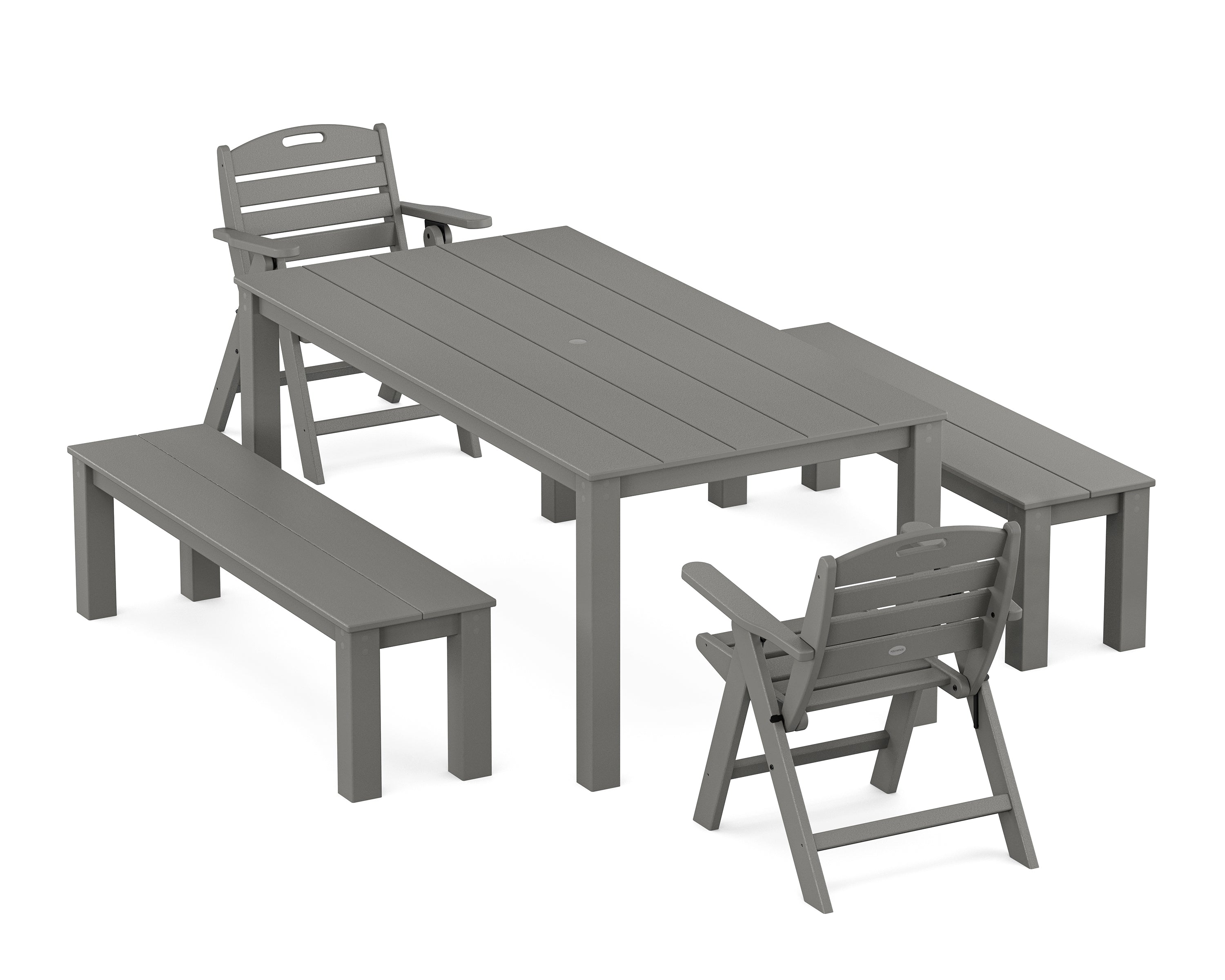 POLYWOOD Nautical Folding Lowback Chair 5-Piece Parsons Dining Set with Benches in Slate Grey