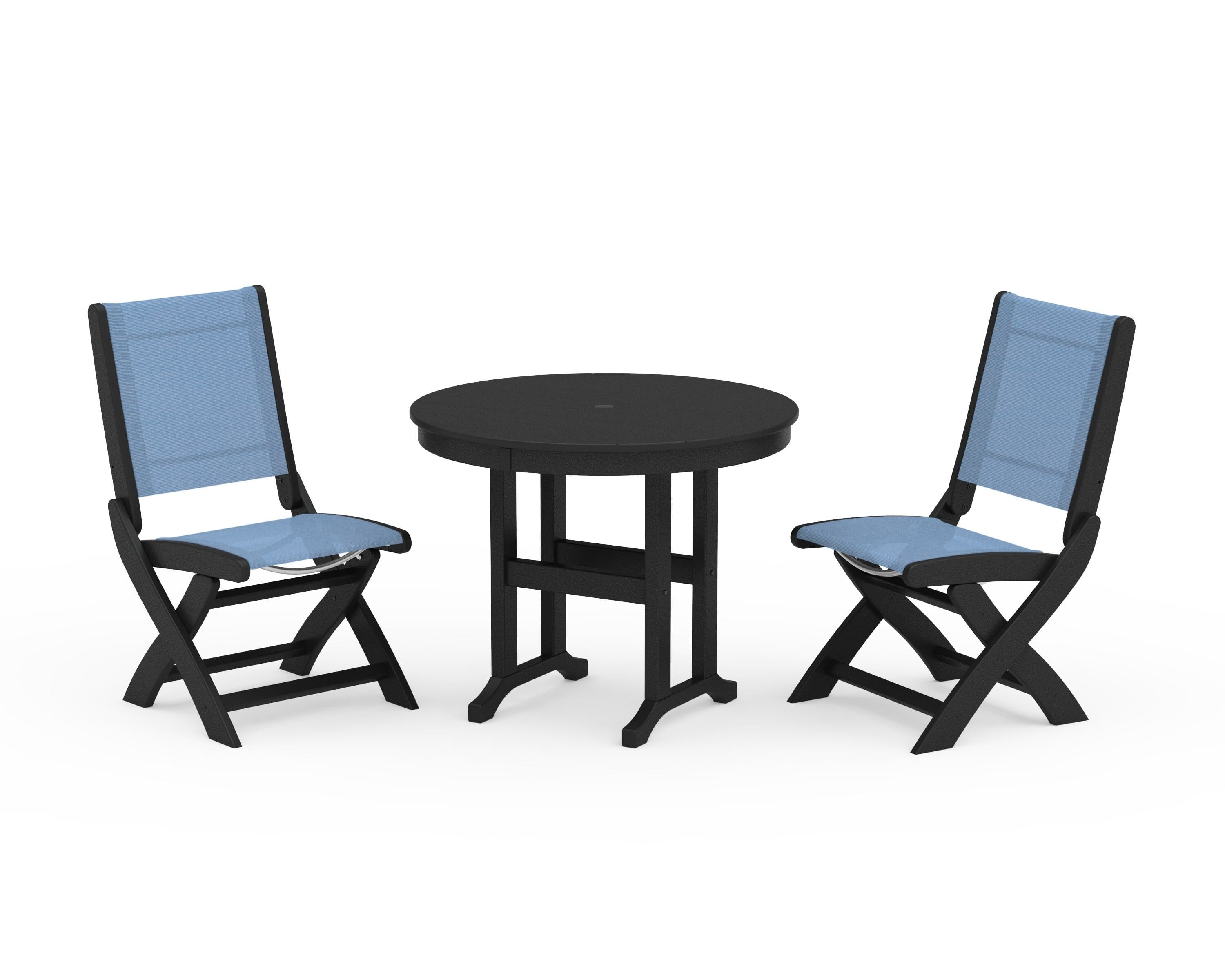 POLYWOOD Coastal Folding Side Chair 3-Piece Round Dining Set in Black / Poolside Sling