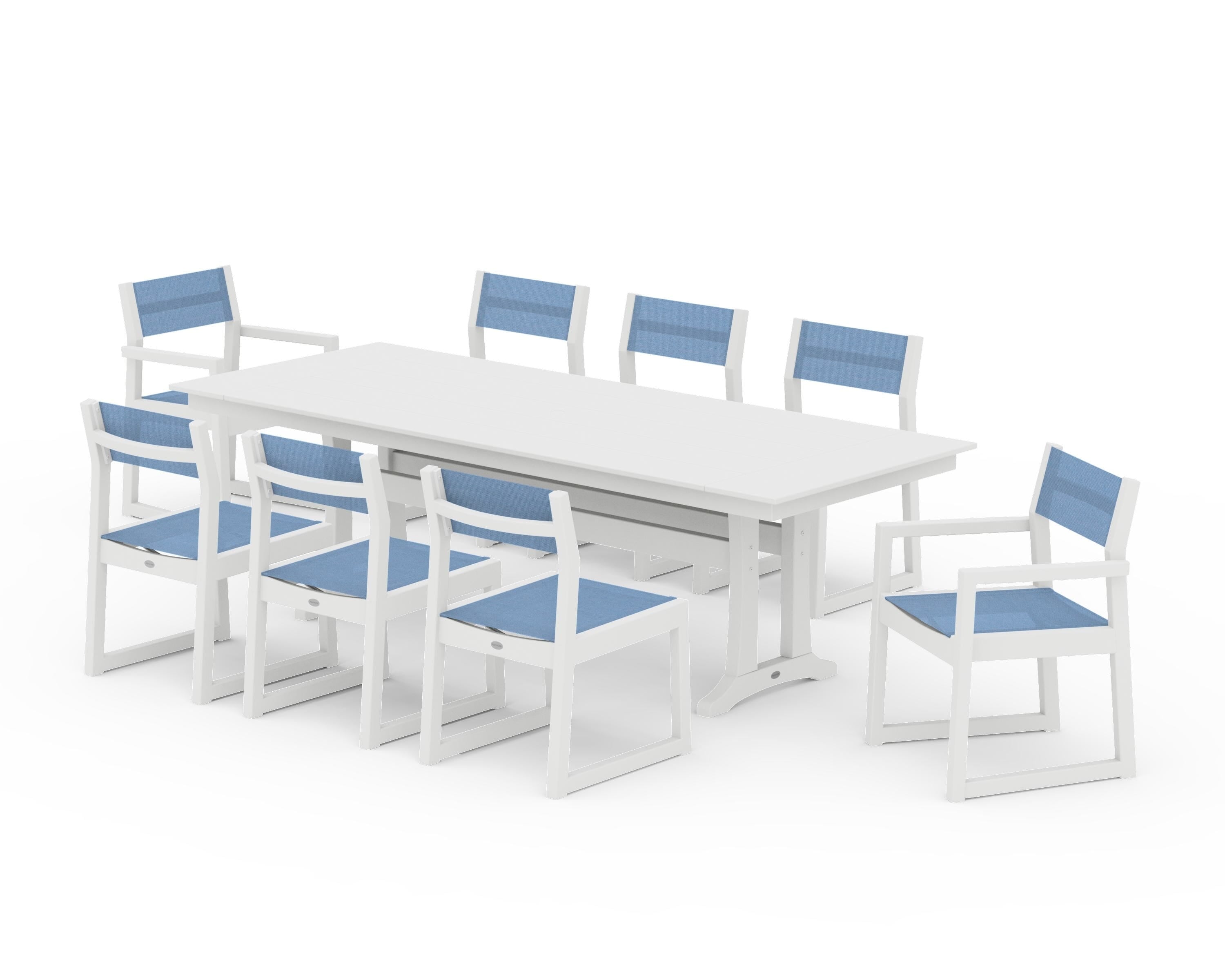 POLYWOOD EDGE Sling 9-Piece Farmhouse Trestle Dining Set in White / Poolside Sling