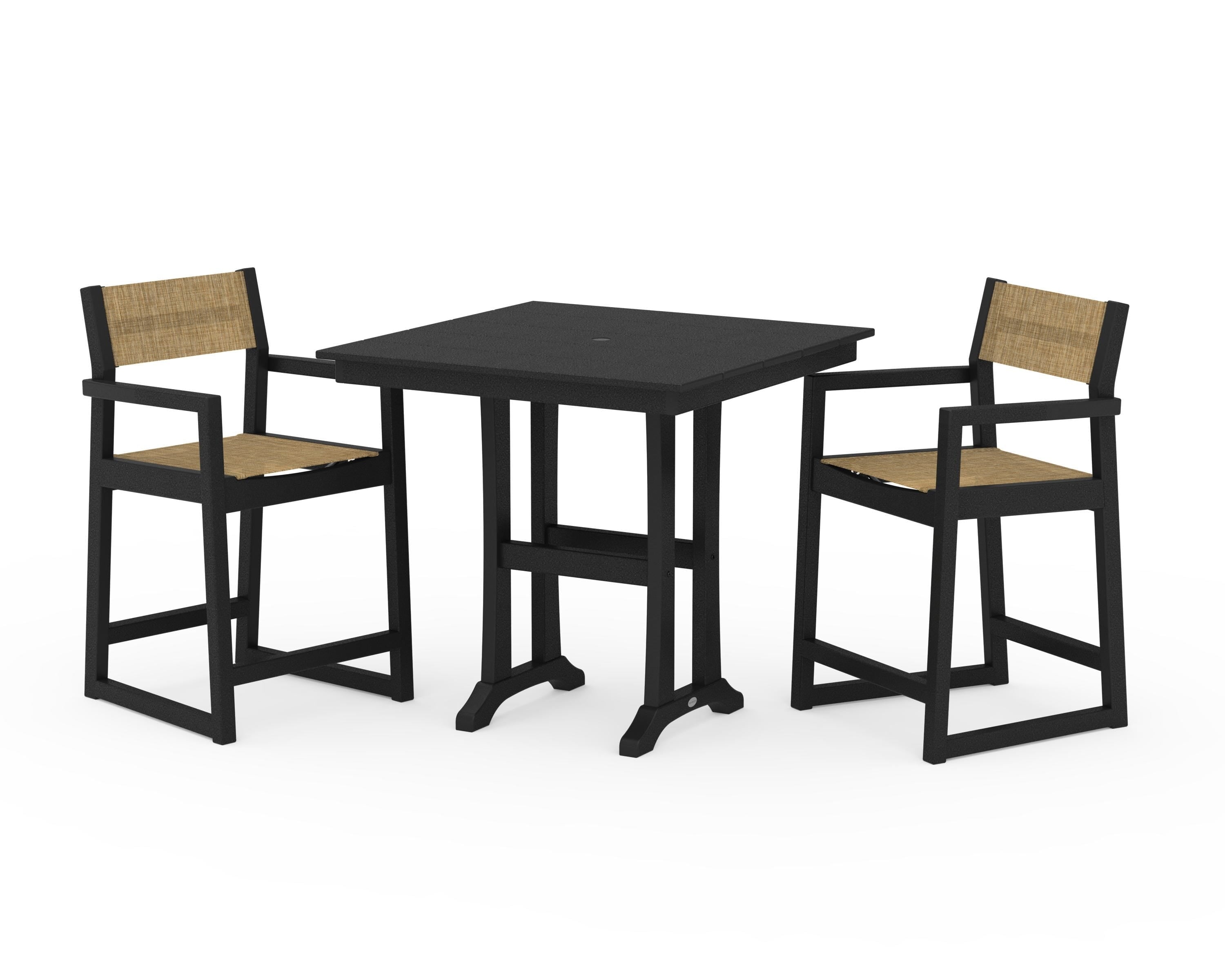 POLYWOOD EDGE Sling Arm Chair 3-Piece Farmhouse Counter Set with Trestle Legs in Black / Burlap Sling