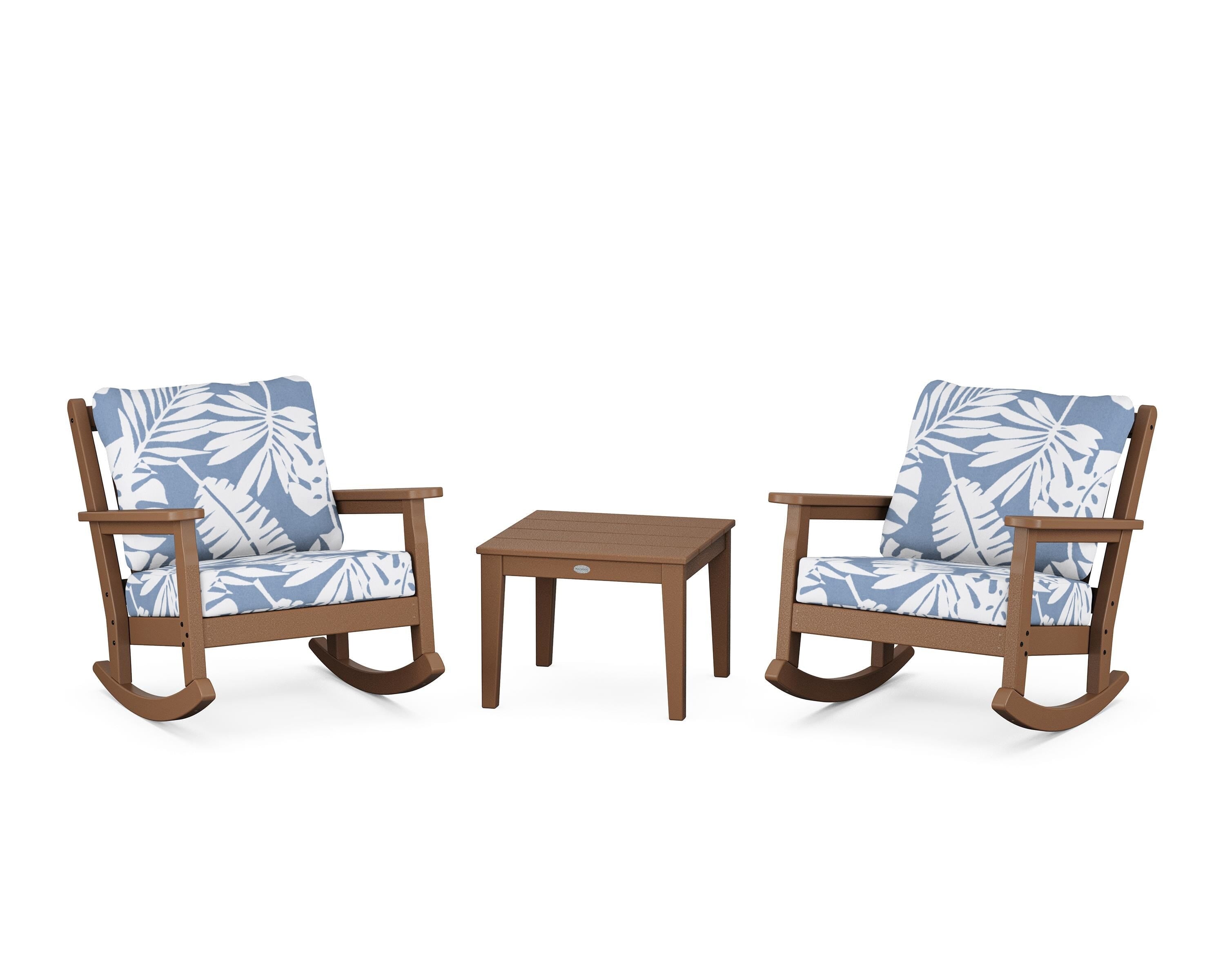 POLYWOOD Chippendale 3-Piece Deep Seating Rocker Set in Teak / Leaf Sky Blue