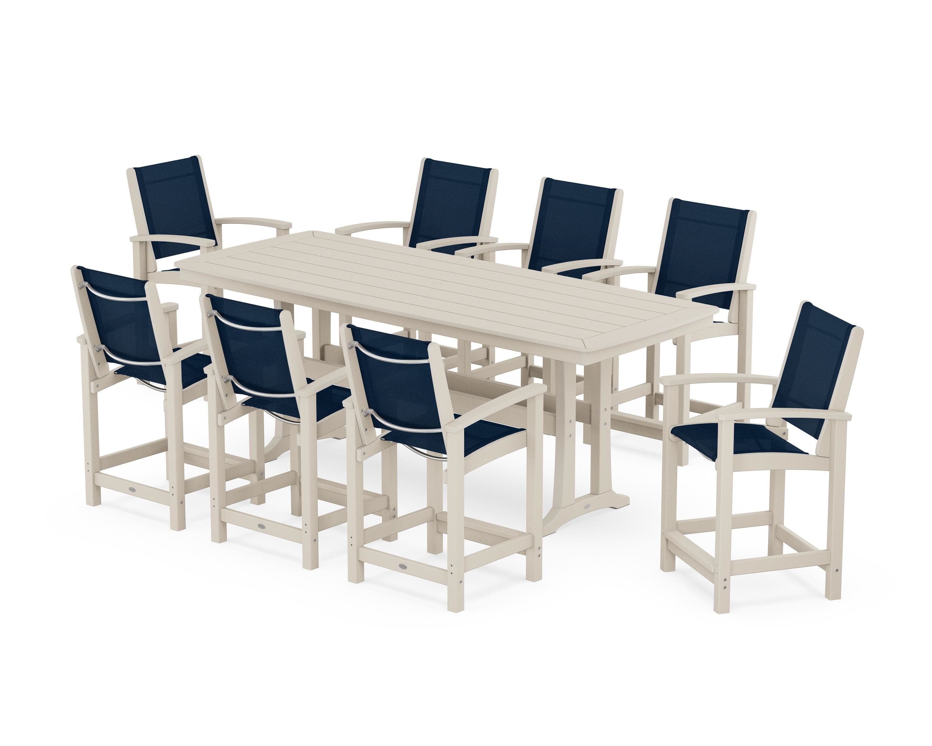 POLYWOOD Coastal 9-Piece Counter Set with Trestle Legs in Sand / Navy Blue Sling