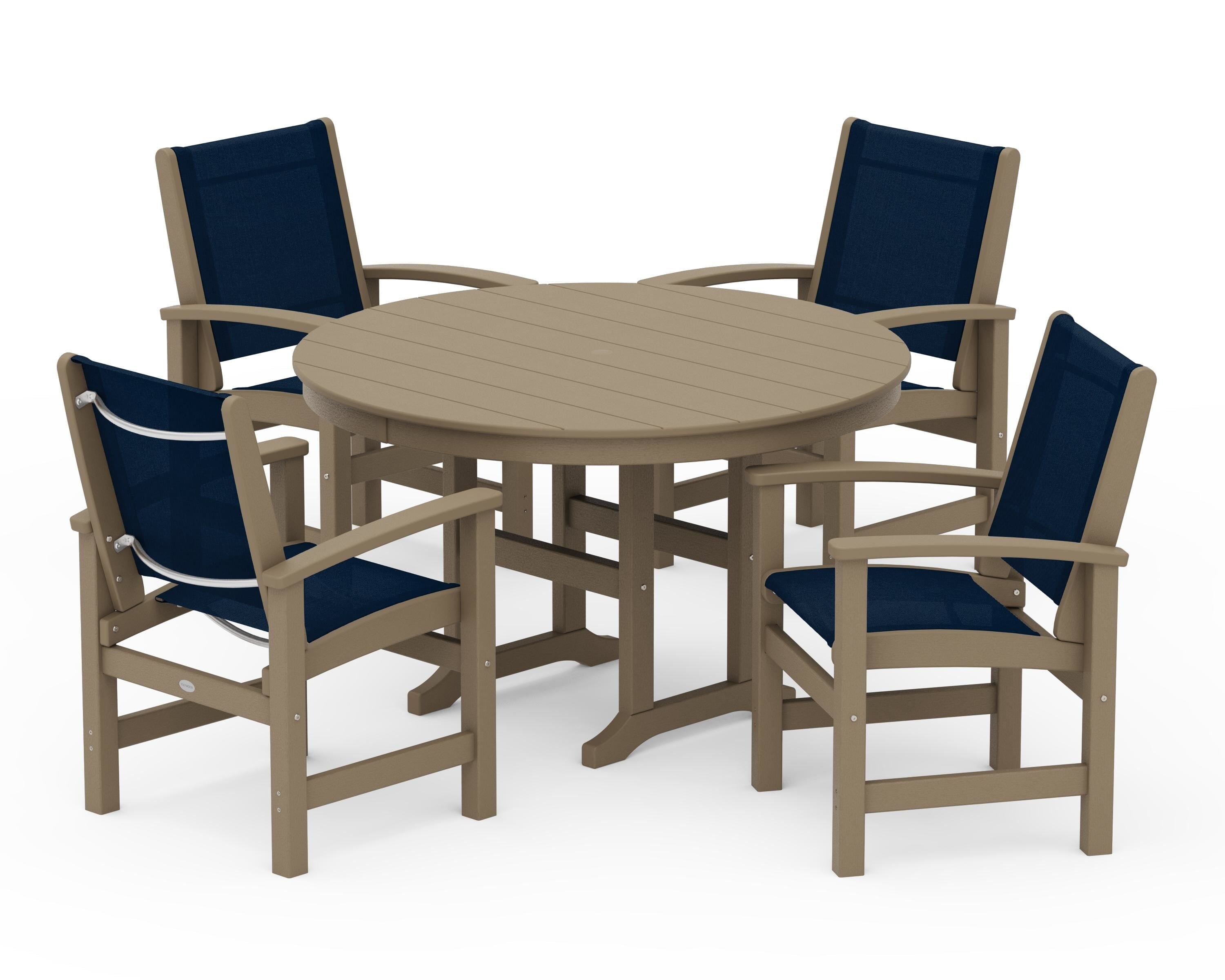 POLYWOOD Coastal 5-Piece Round Farmhouse Dining Set in Vintage Sahara / Navy Blue Sling