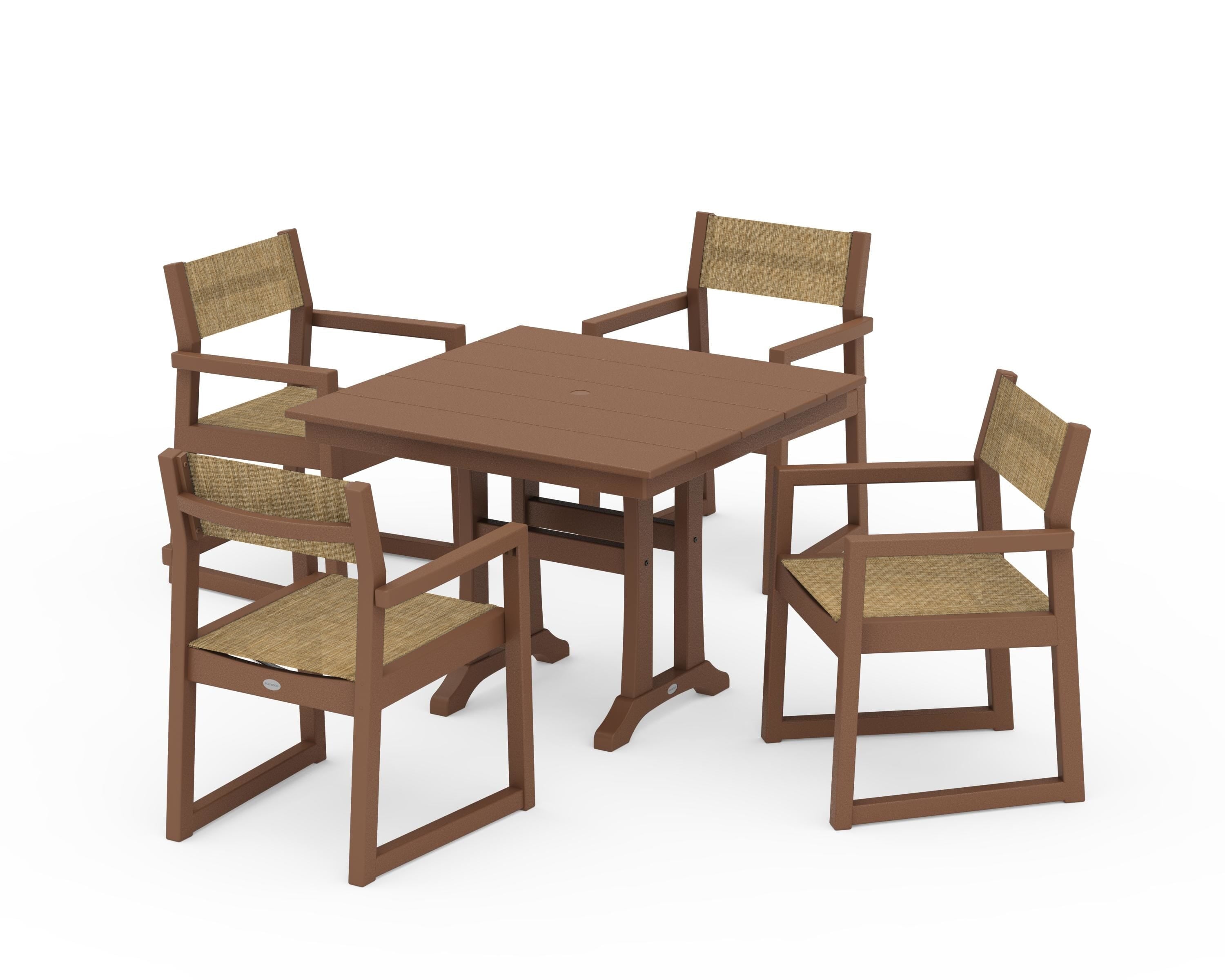 POLYWOOD EDGE Sling 5-Piece Farmhouse Dining Set with Trestle Legs in Teak / Burlap Sling