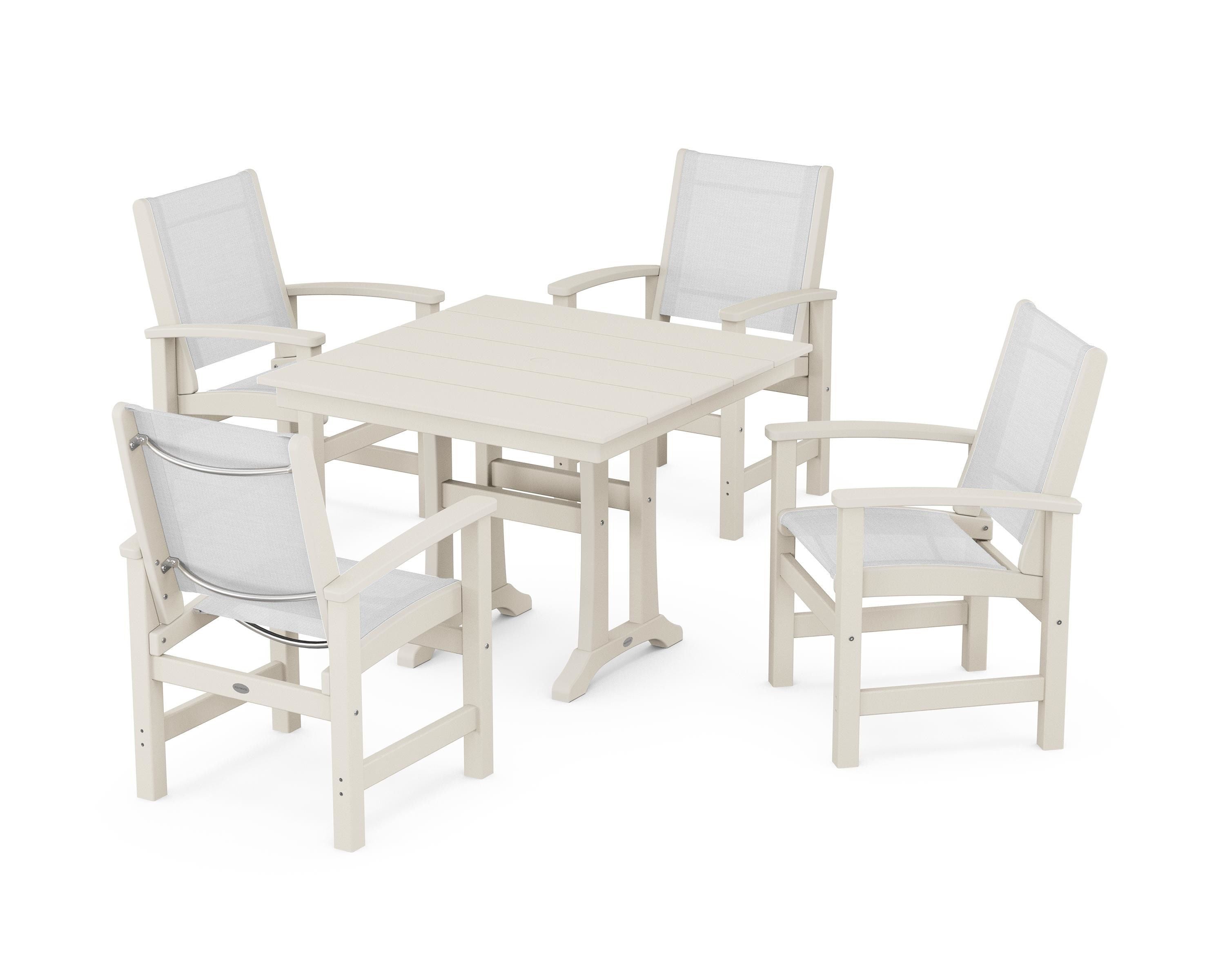 POLYWOOD Coastal 5-Piece Farmhouse Dining Set With Trestle Legs in Sand / White Sling