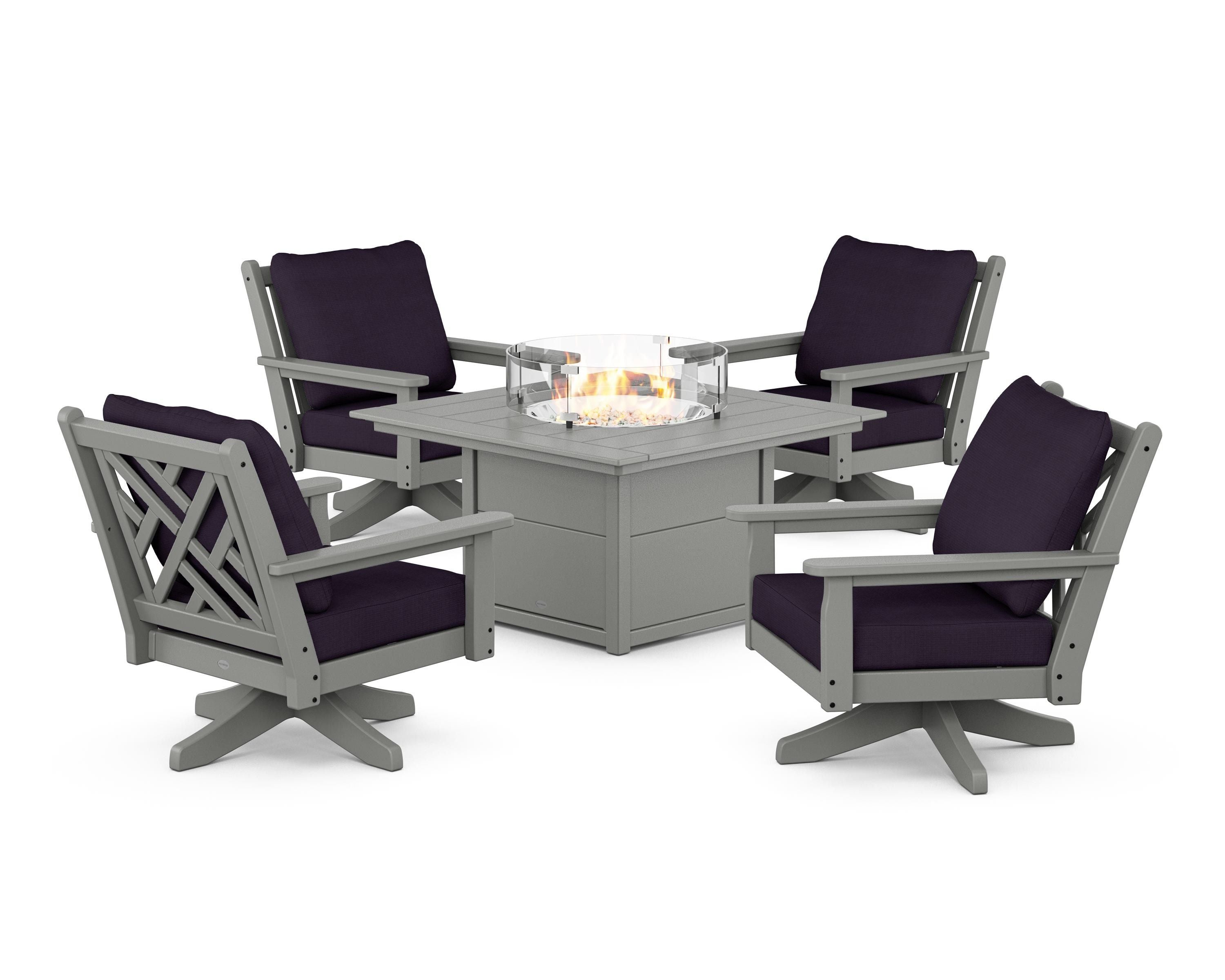 POLYWOOD Chippendale 5-Piece Deep Seating Swivel Conversation Set with Fire Pit Table in Slate Grey / Navy Linen