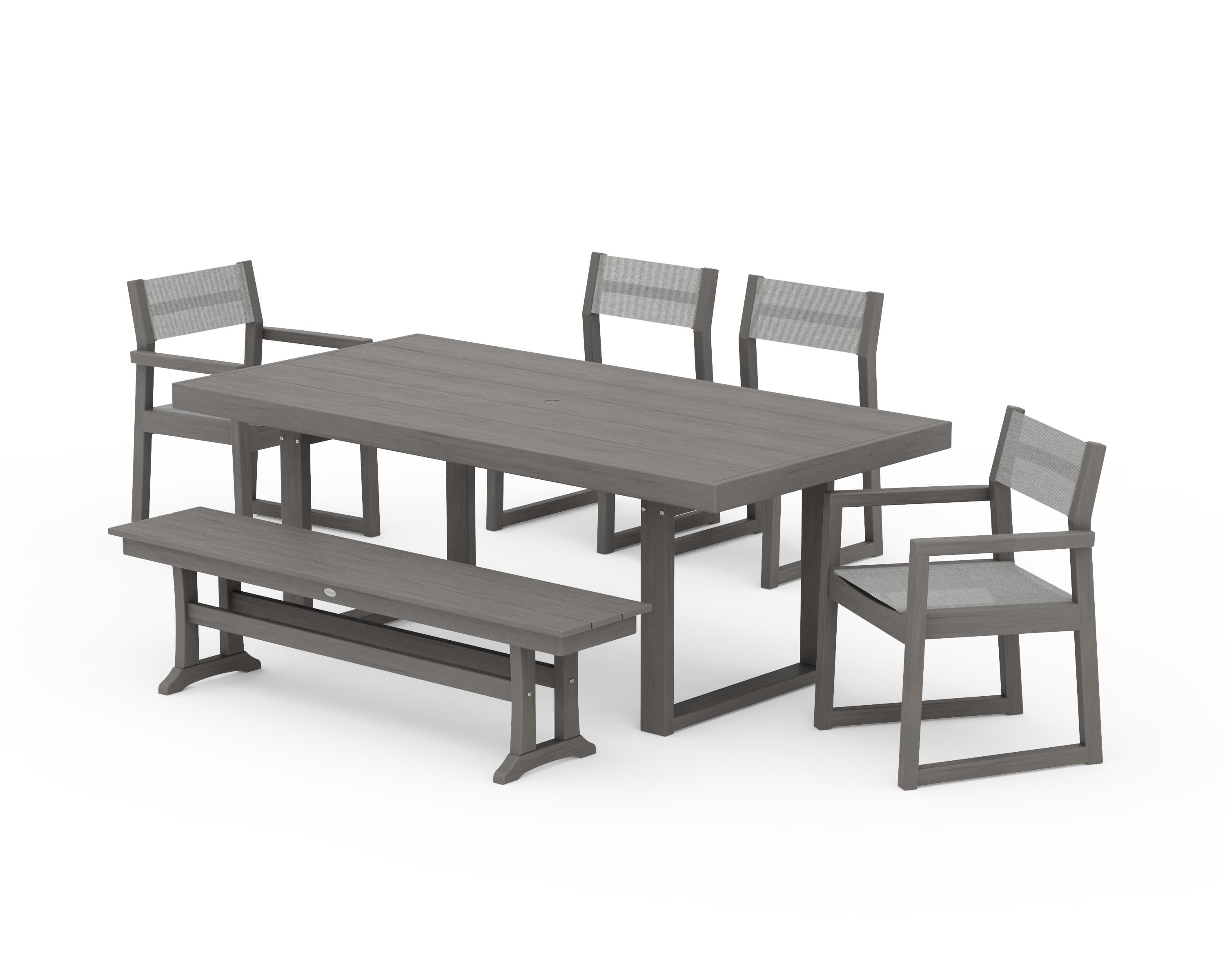 POLYWOOD EDGE Sling 6-Piece Dining Set with Bench in Driftwood / Metallic Sling