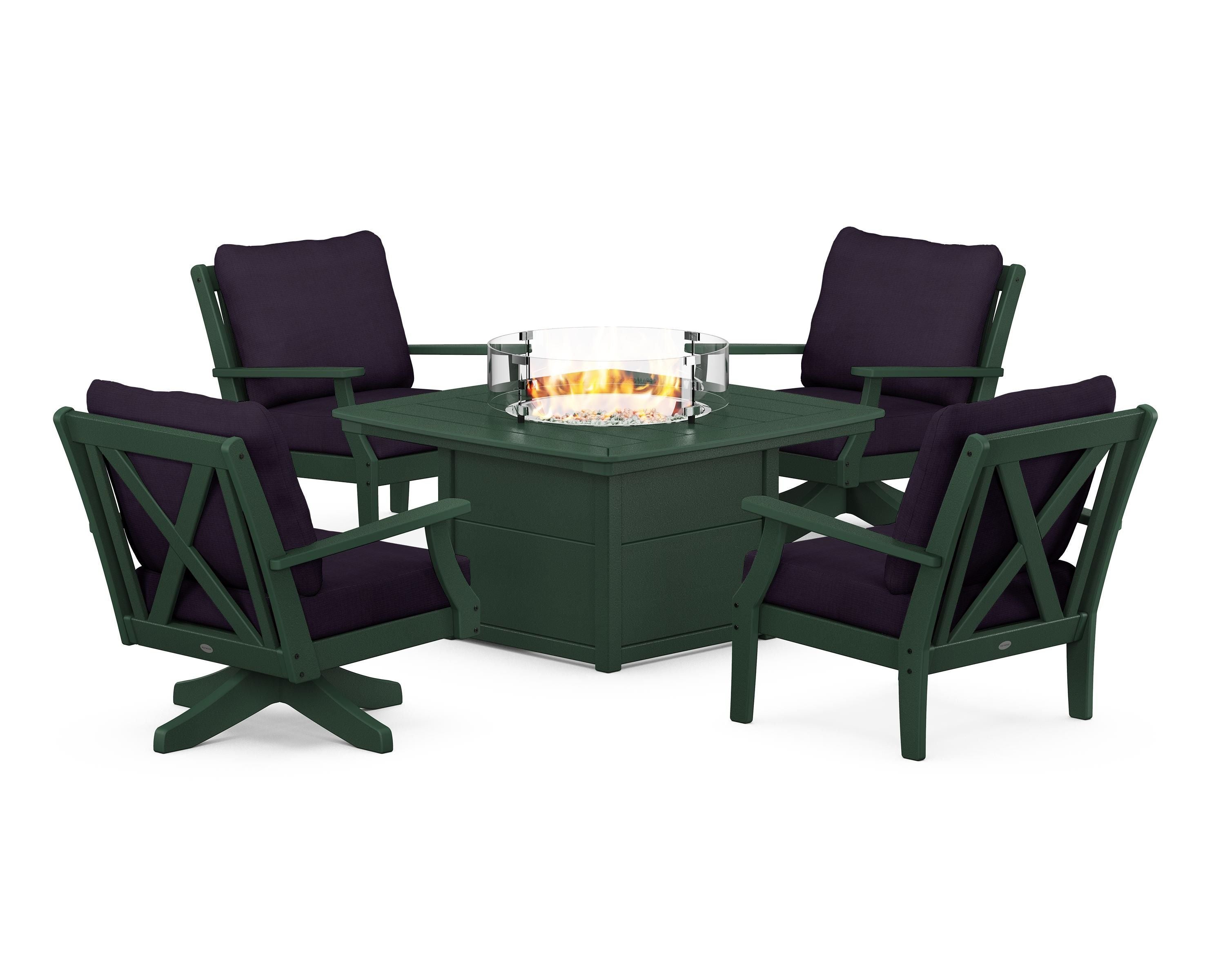 POLYWOOD Braxton 5-Piece Deep Seating Set with Fire Table in Green / Navy Linen
