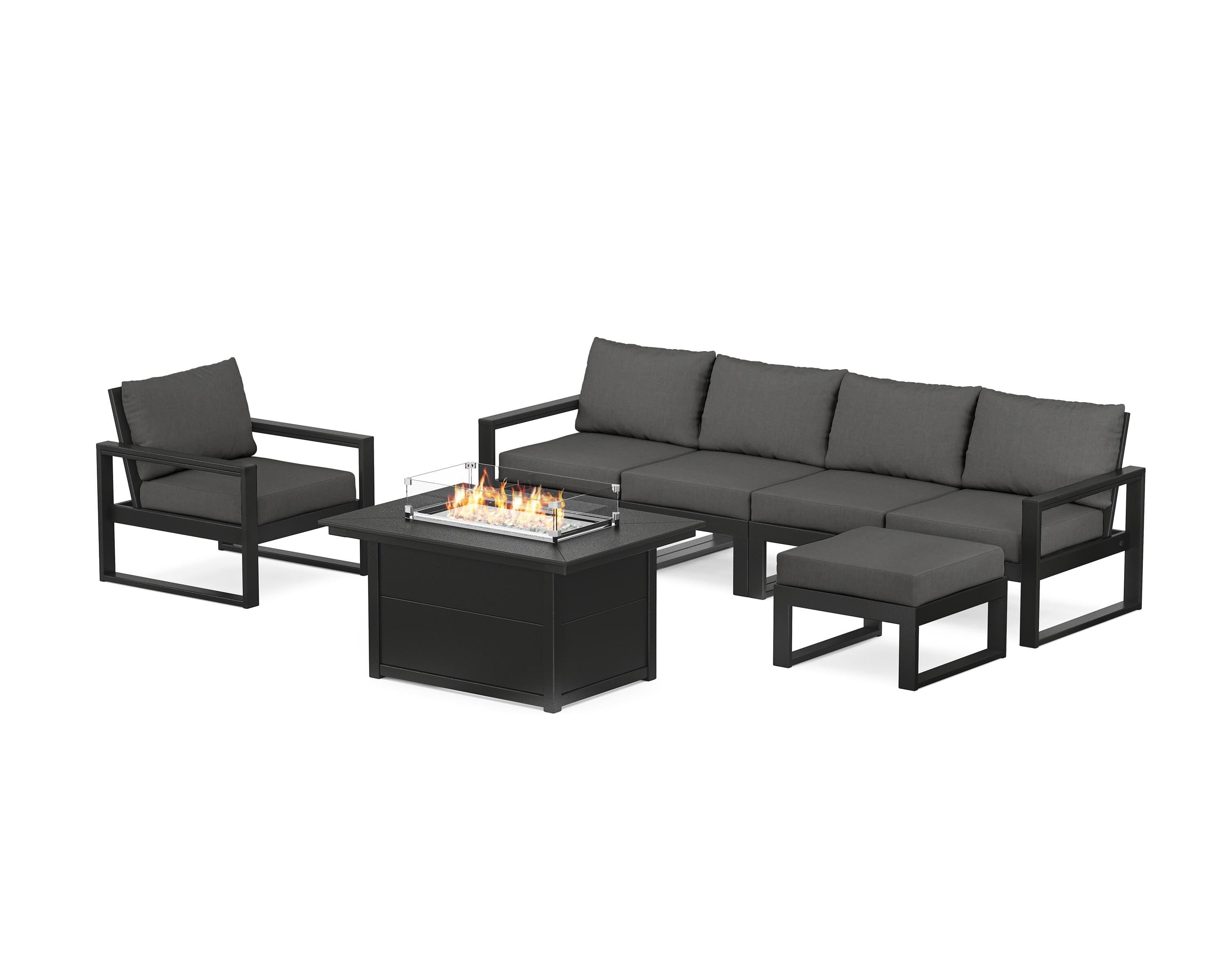 POLYWOOD EDGE Sectional Lounge and Fire Pit Set in Black / Spectrum Carbon