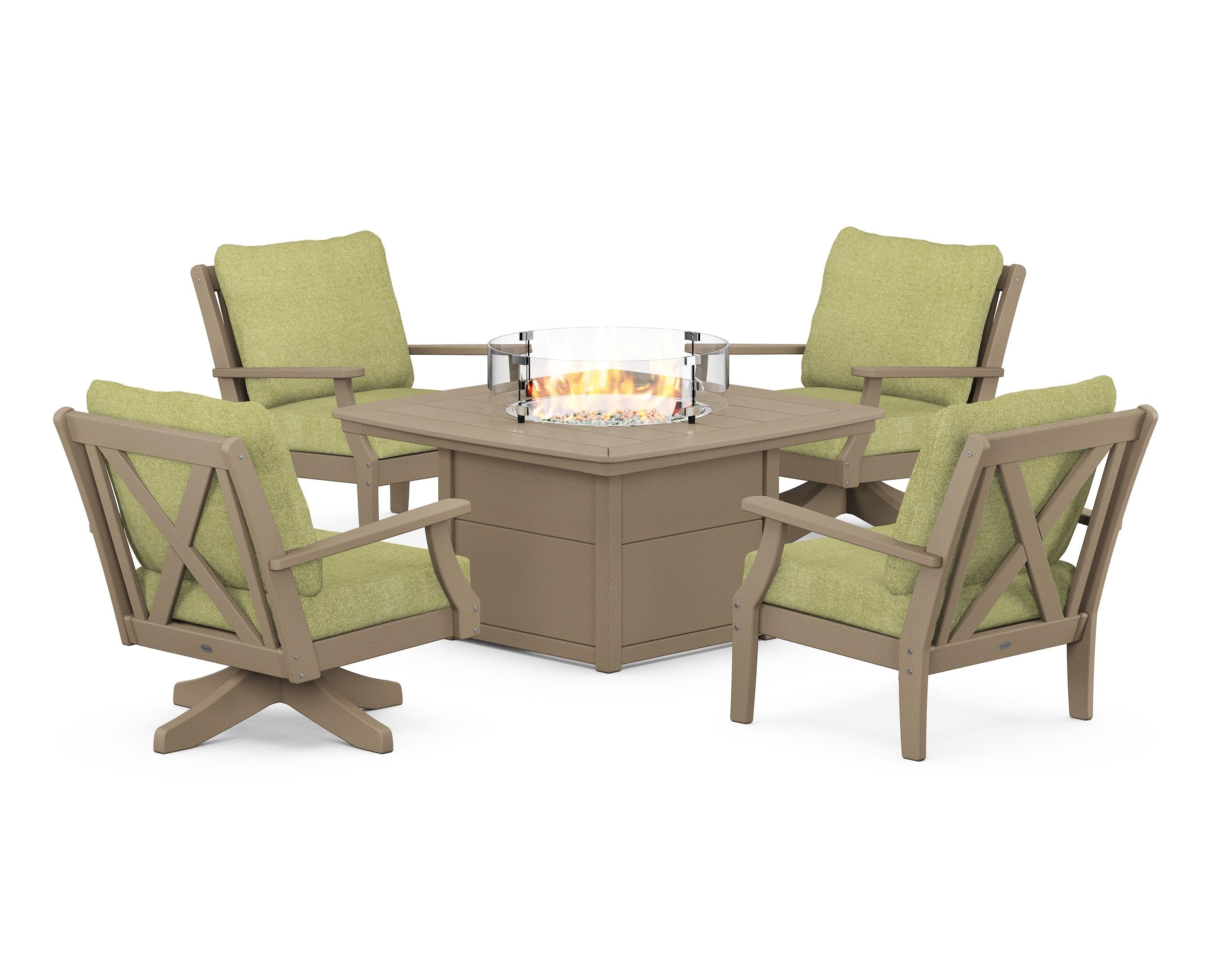 POLYWOOD Braxton 5-Piece Deep Seating Set with Fire Table in Vintage Sahara / Chartreuse Boucle
