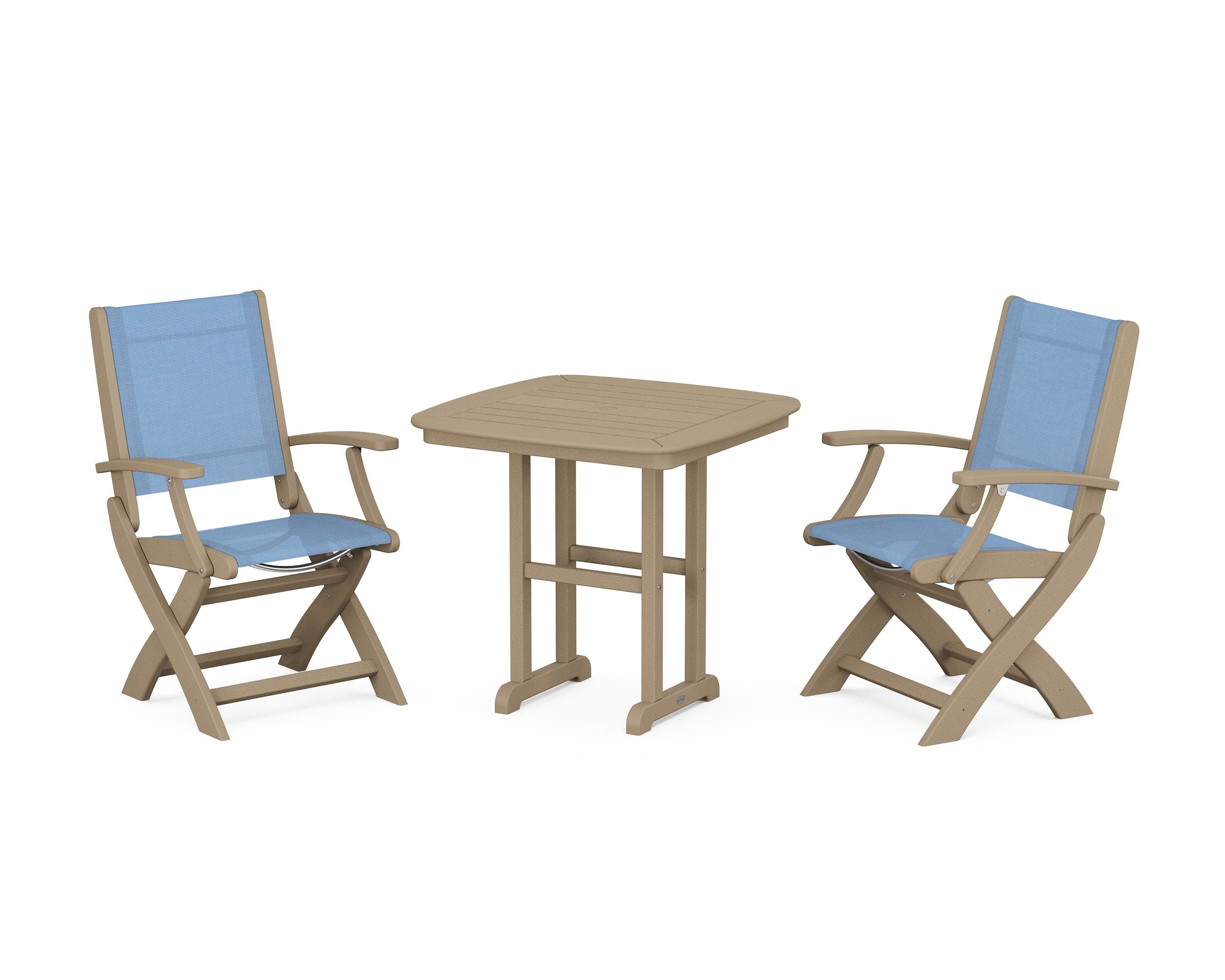 POLYWOOD Coastal Folding Chair 3-Piece Dining Set in Vintage Sahara / Poolside Sling