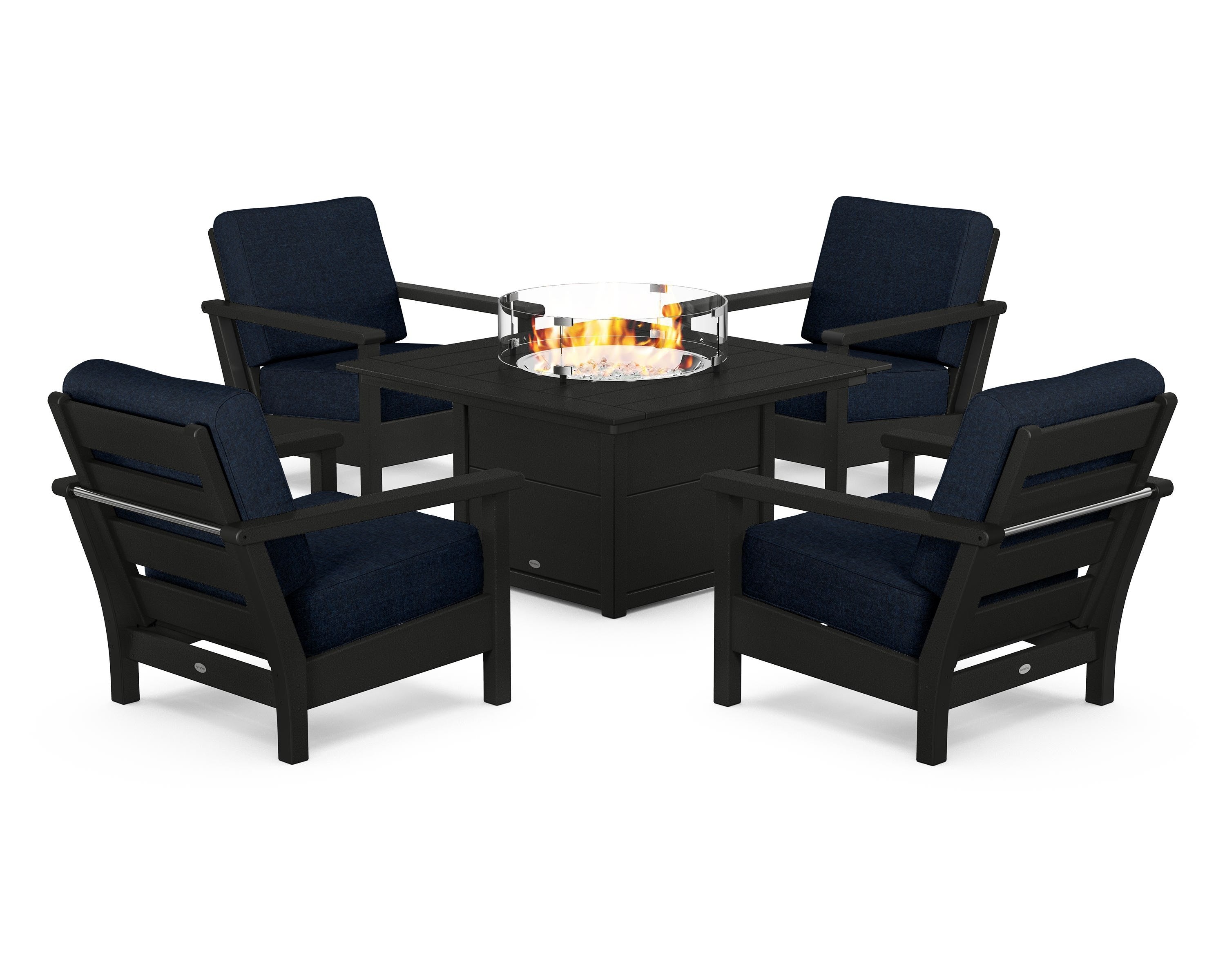 POLYWOOD Harbour 5-Piece Conversation Set with Fire Pit Table in Black / Marine Indigo