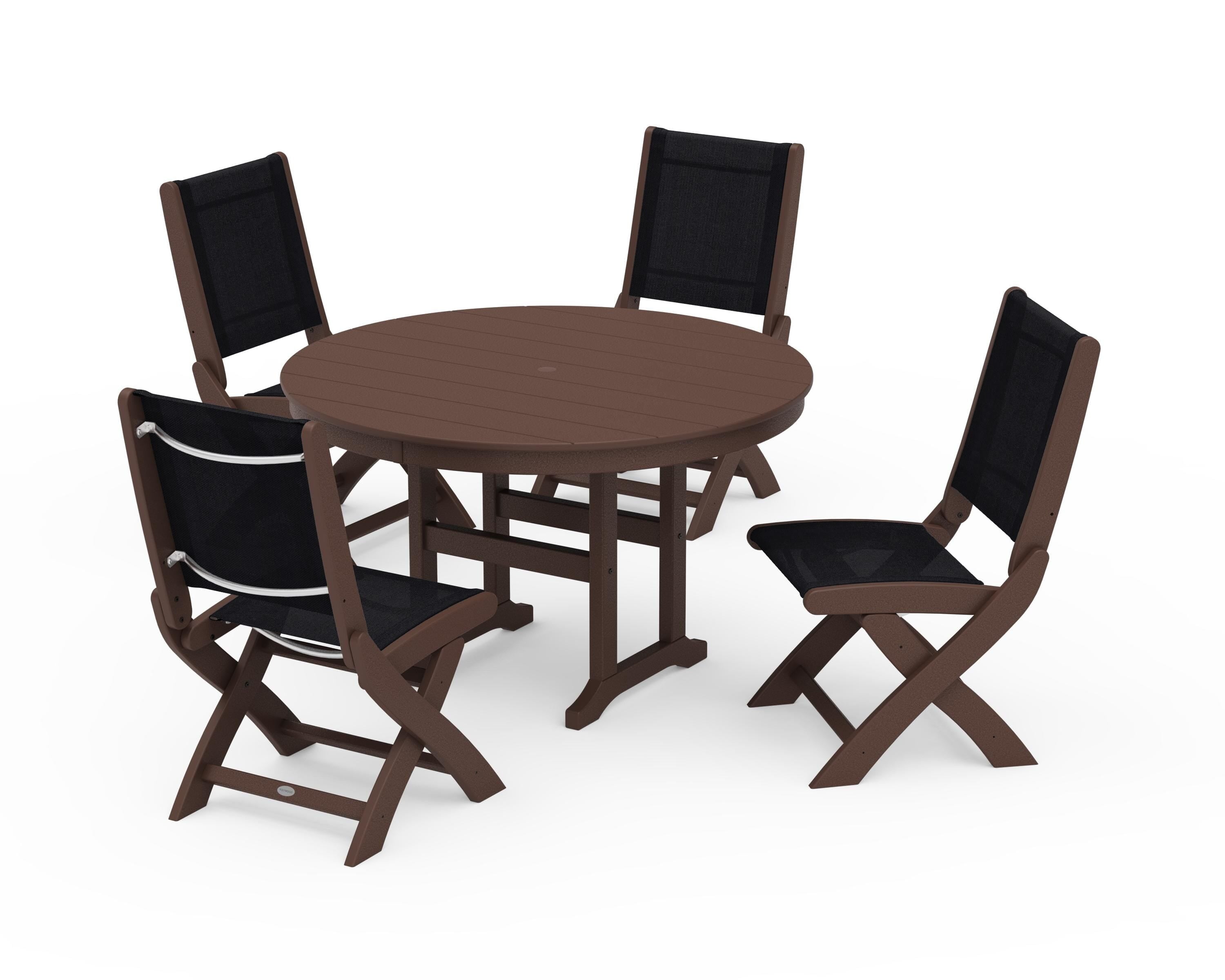 POLYWOOD Coastal Folding Side Chair 5-Piece Round Dining Set in Mahogany / Black Sling