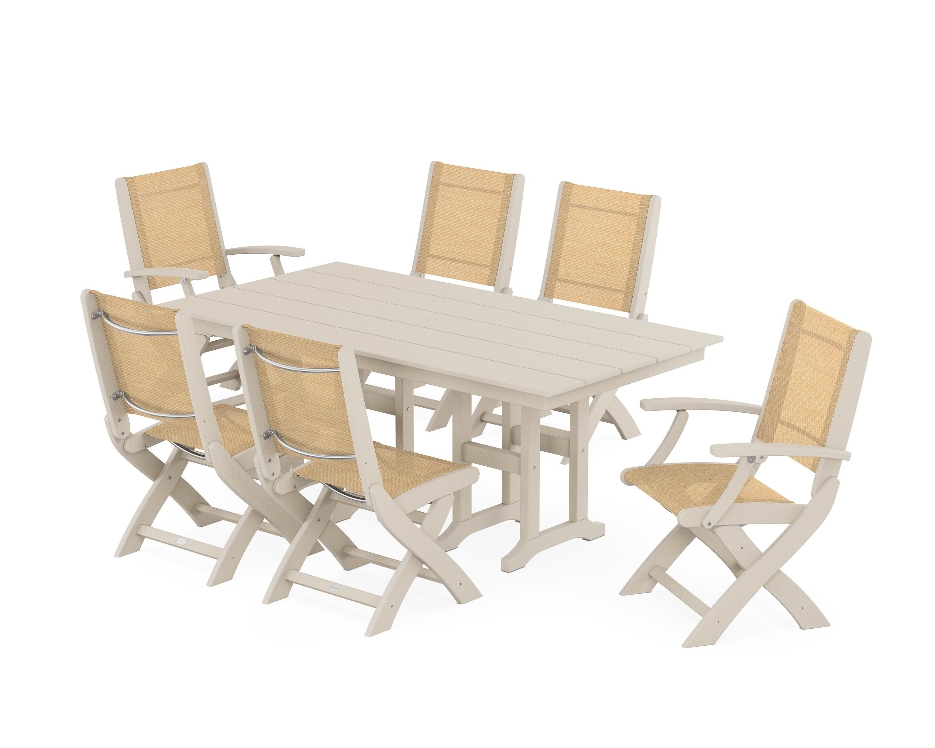 POLYWOOD Coastal Folding Chair 7-Piece Farmhouse Dining Set in Sand / Dupioni Apricot Sling