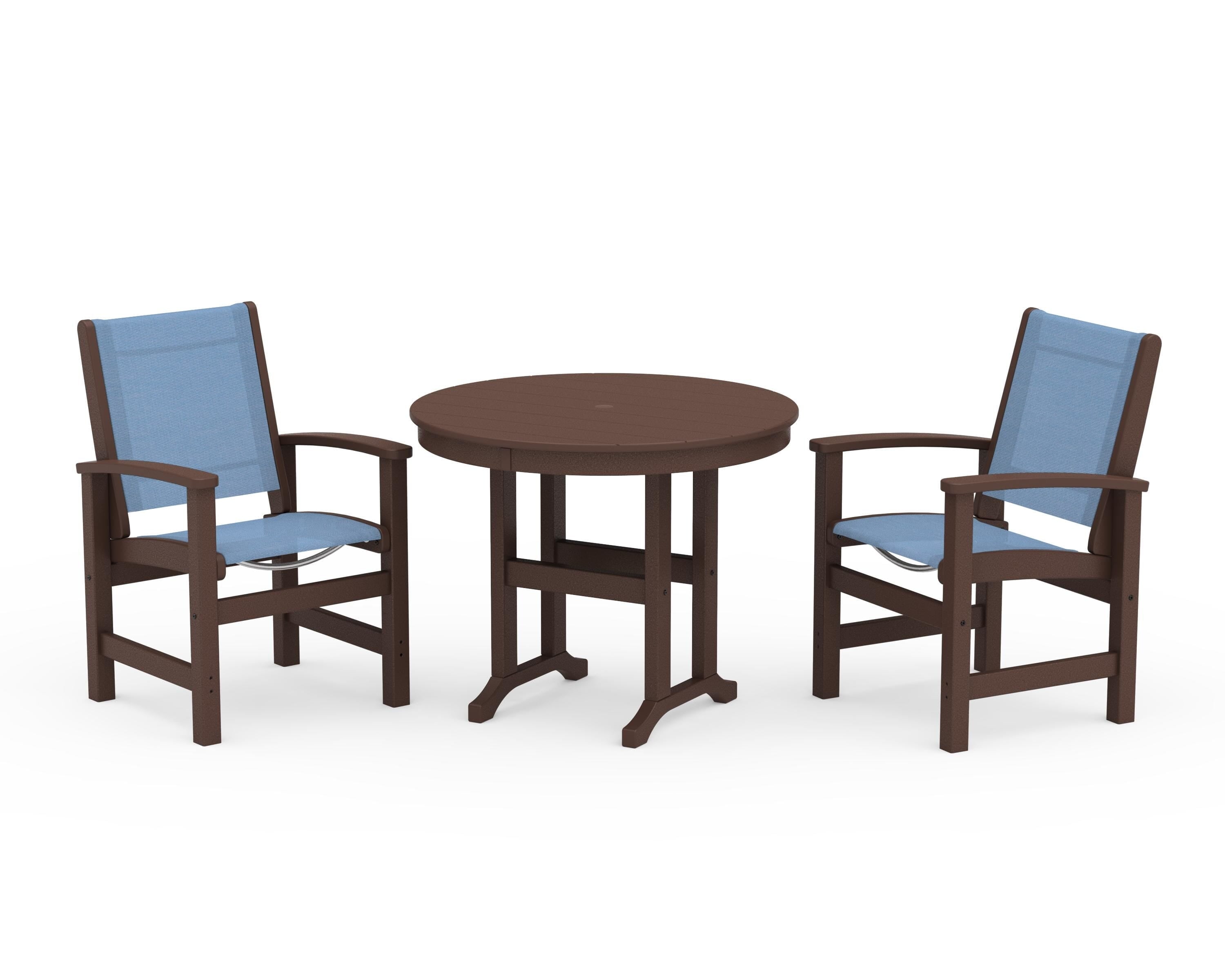 POLYWOOD Coastal 3-Piece Round Dining Set in Mahogany / Poolside Sling