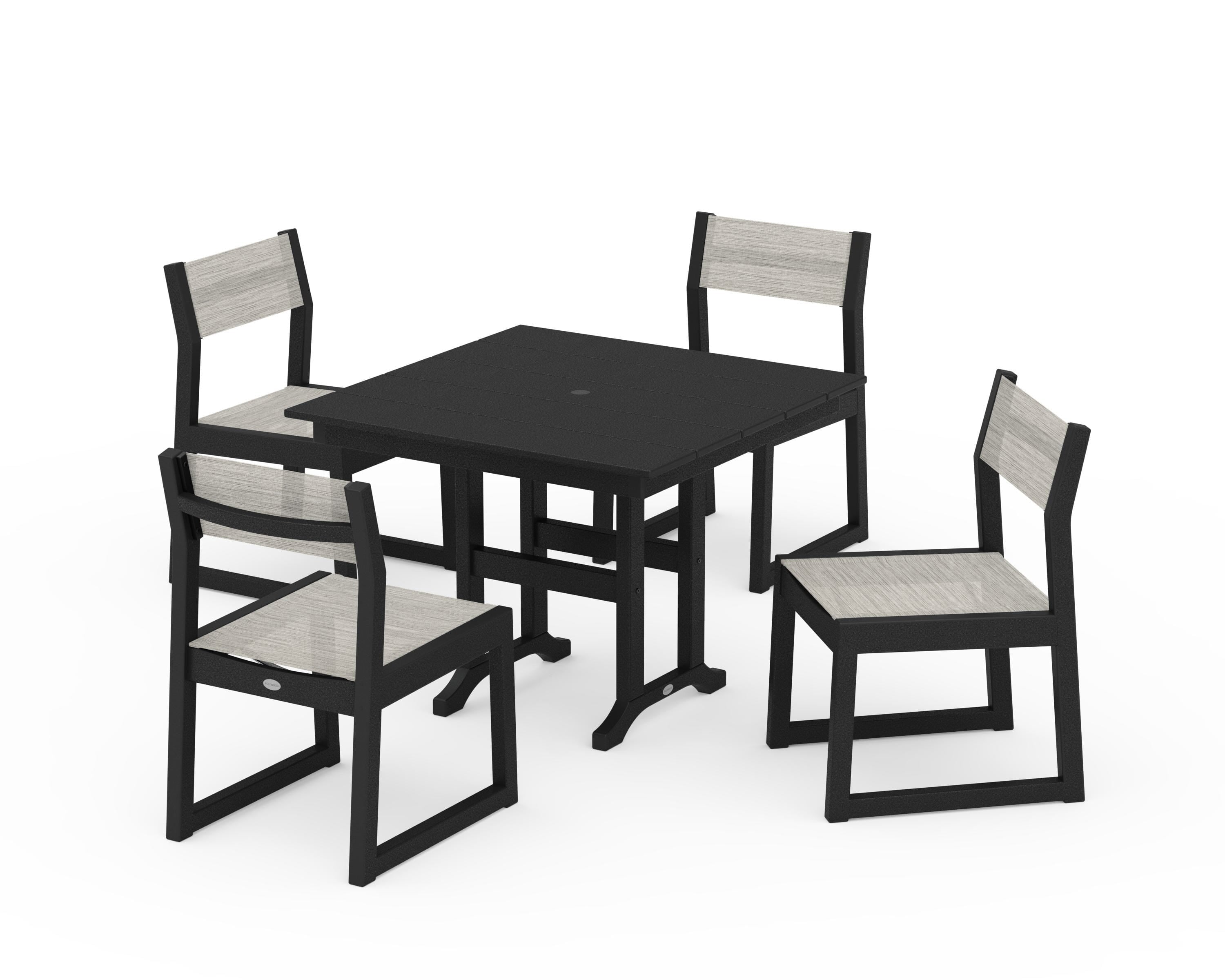 POLYWOOD EDGE Sling Side Chair 5-Piece Farmhouse Dining Set in Black / Birch Sling