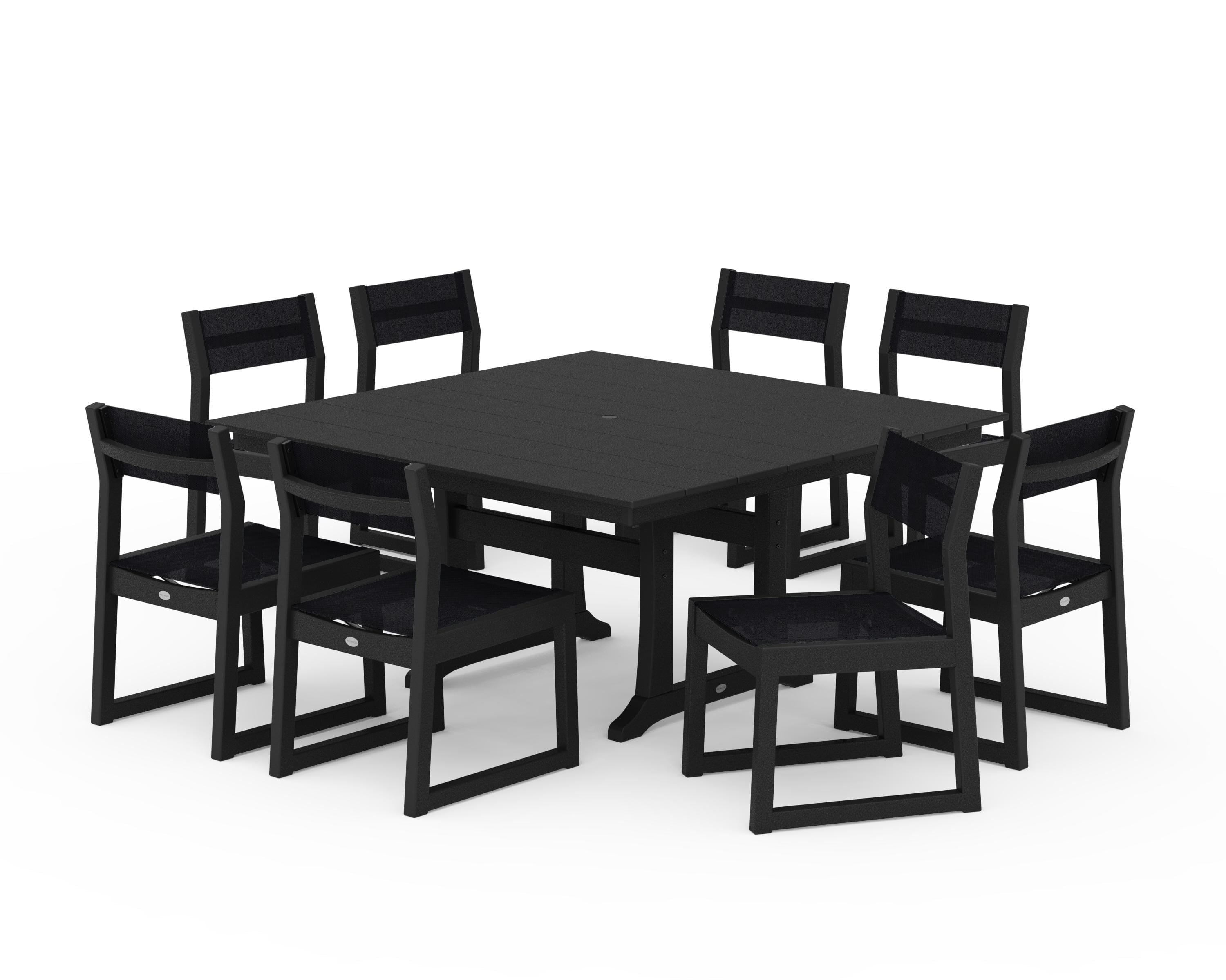 POLYWOOD EDGE Sling Side Chair 9-Piece Farmhouse Trestle Dining Set in Black / Black Sling