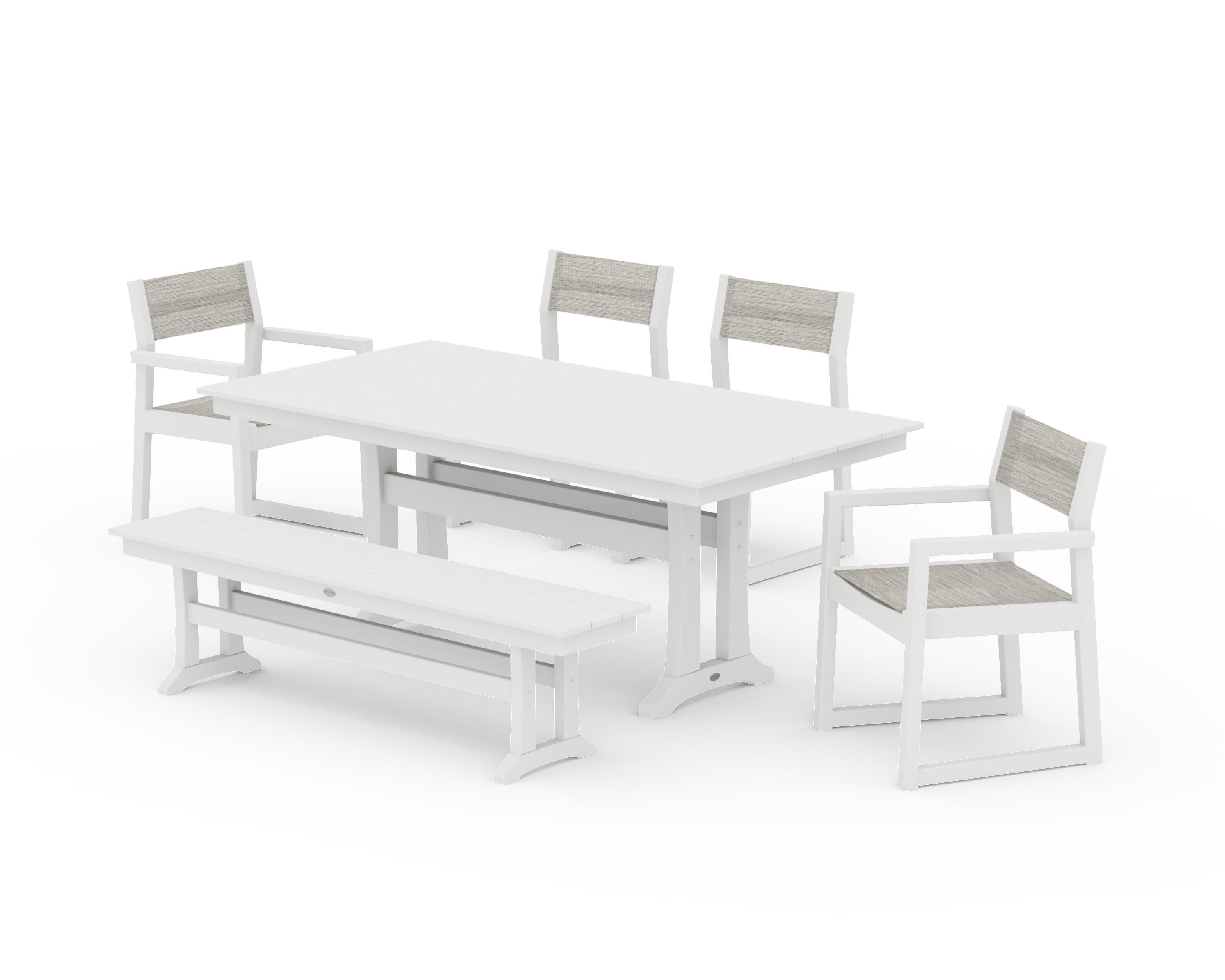 POLYWOOD EDGE Sling 6-Piece Farmhouse Dining Set With Trestle Legs in White / Birch Sling
