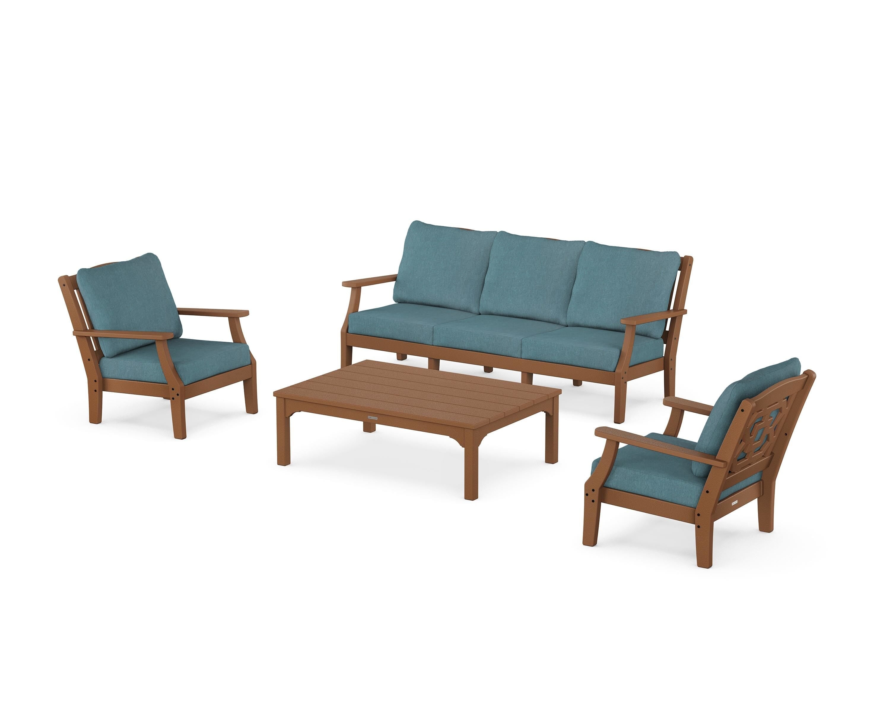 Martha Stewart by POLYWOOD Chinoiserie 4-Piece Deep Seating Set with Sofa in Teak / Ocean Teal