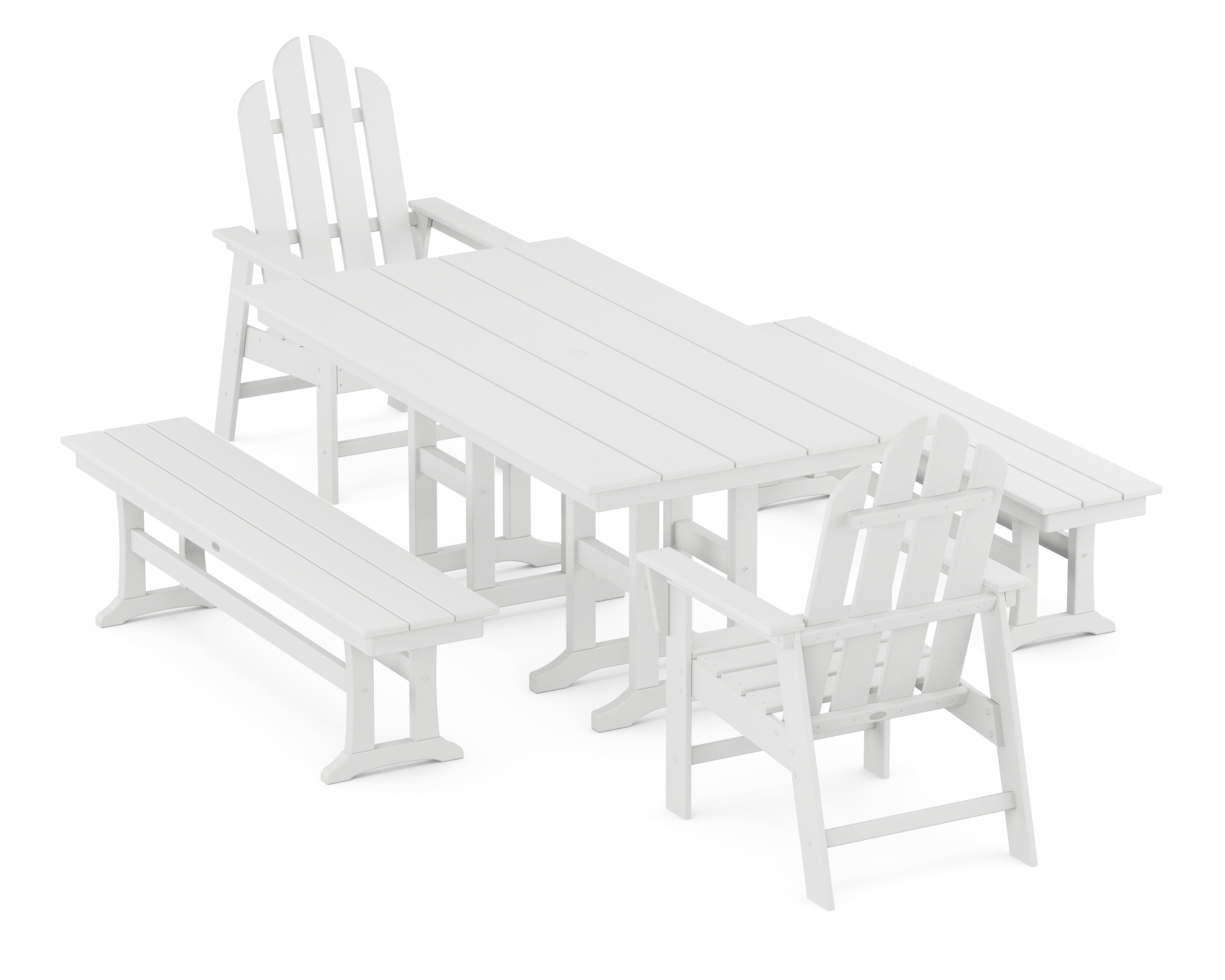POLYWOOD® Long Island 5-Piece Farmhouse Dining Set with Benches in White