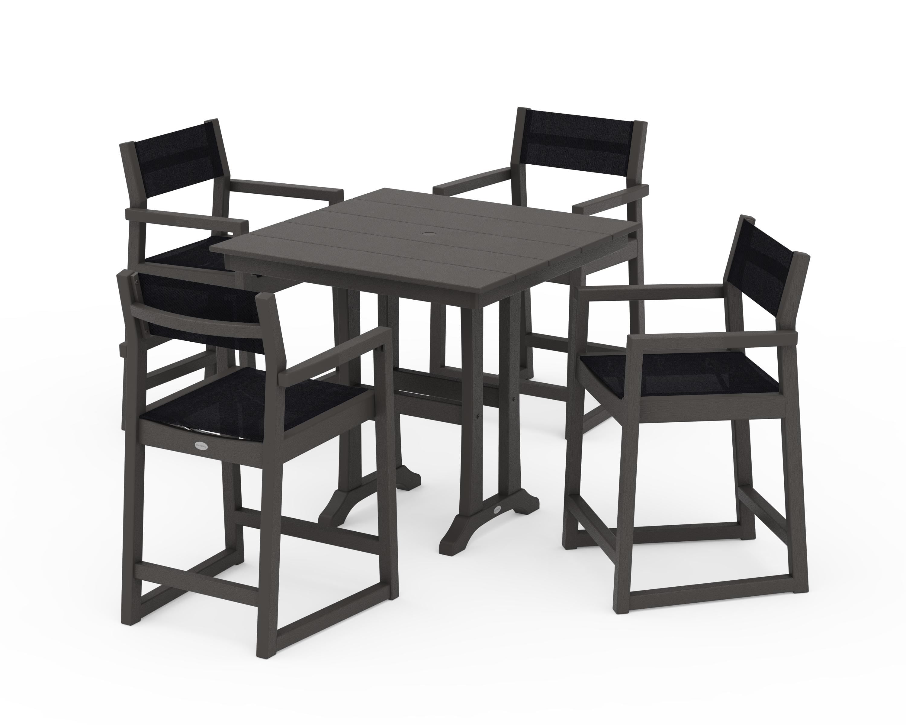 POLYWOOD EDGE Sling Arm Chair 5-Piece Farmhouse Counter Set with Trestle Legs in Vintage Coffee / Black Sling