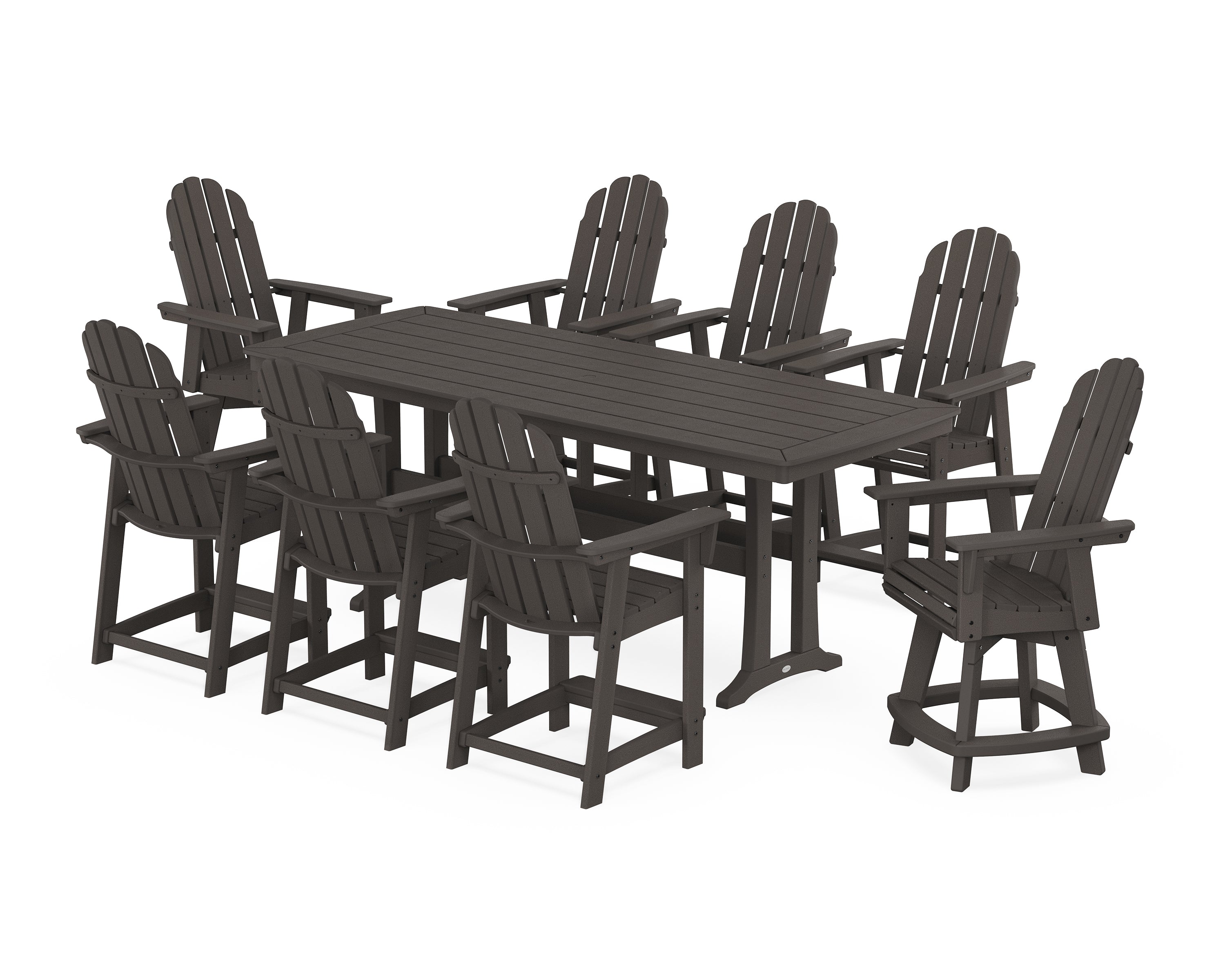 POLYWOOD® Vineyard Curveback Adirondack Swivel 9-Piece Counter Set with Trestle Legs in Vintage Coffee