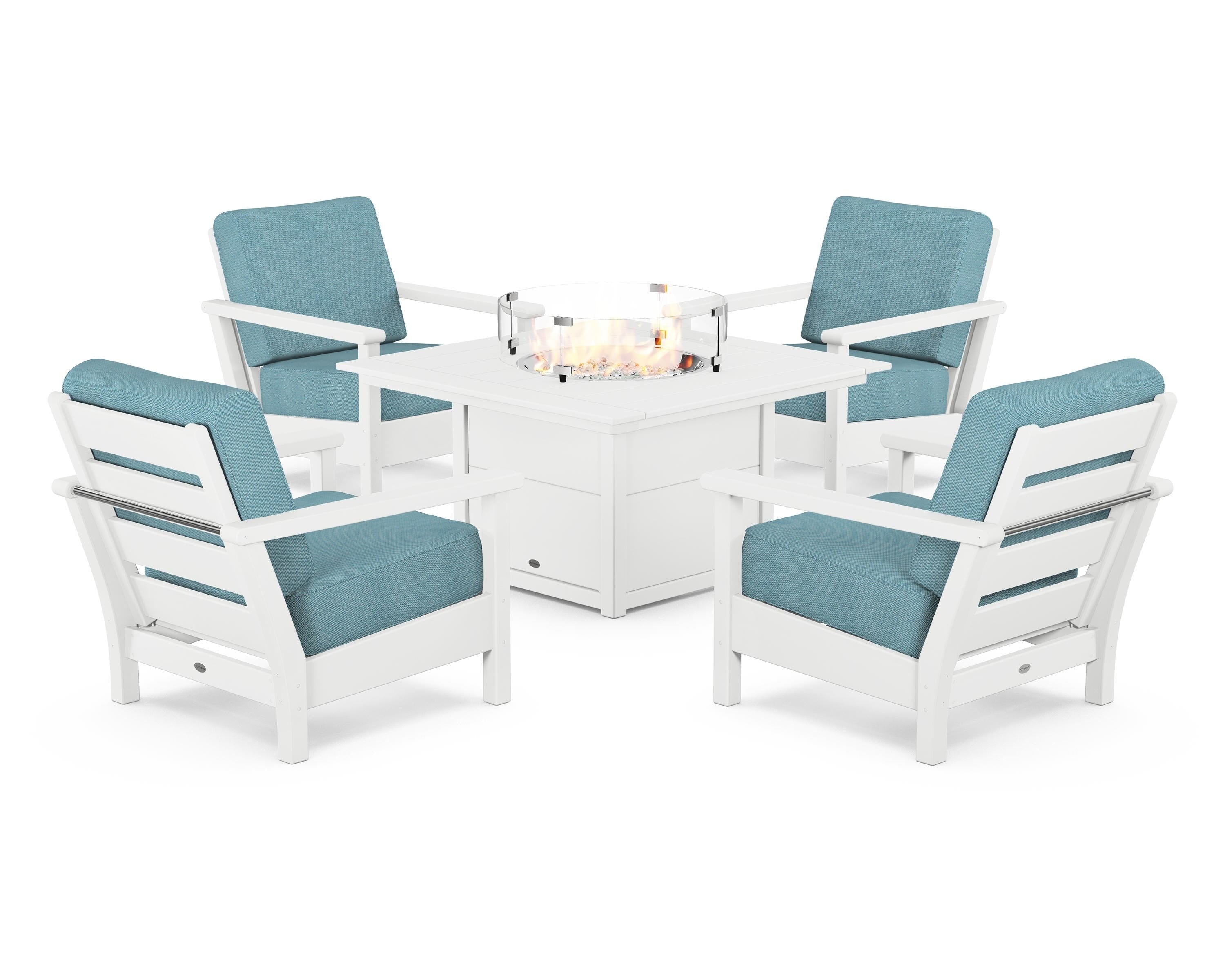 POLYWOOD Harbour 5-Piece Conversation Set with Fire Pit Table in White / Lattice Sky Blue