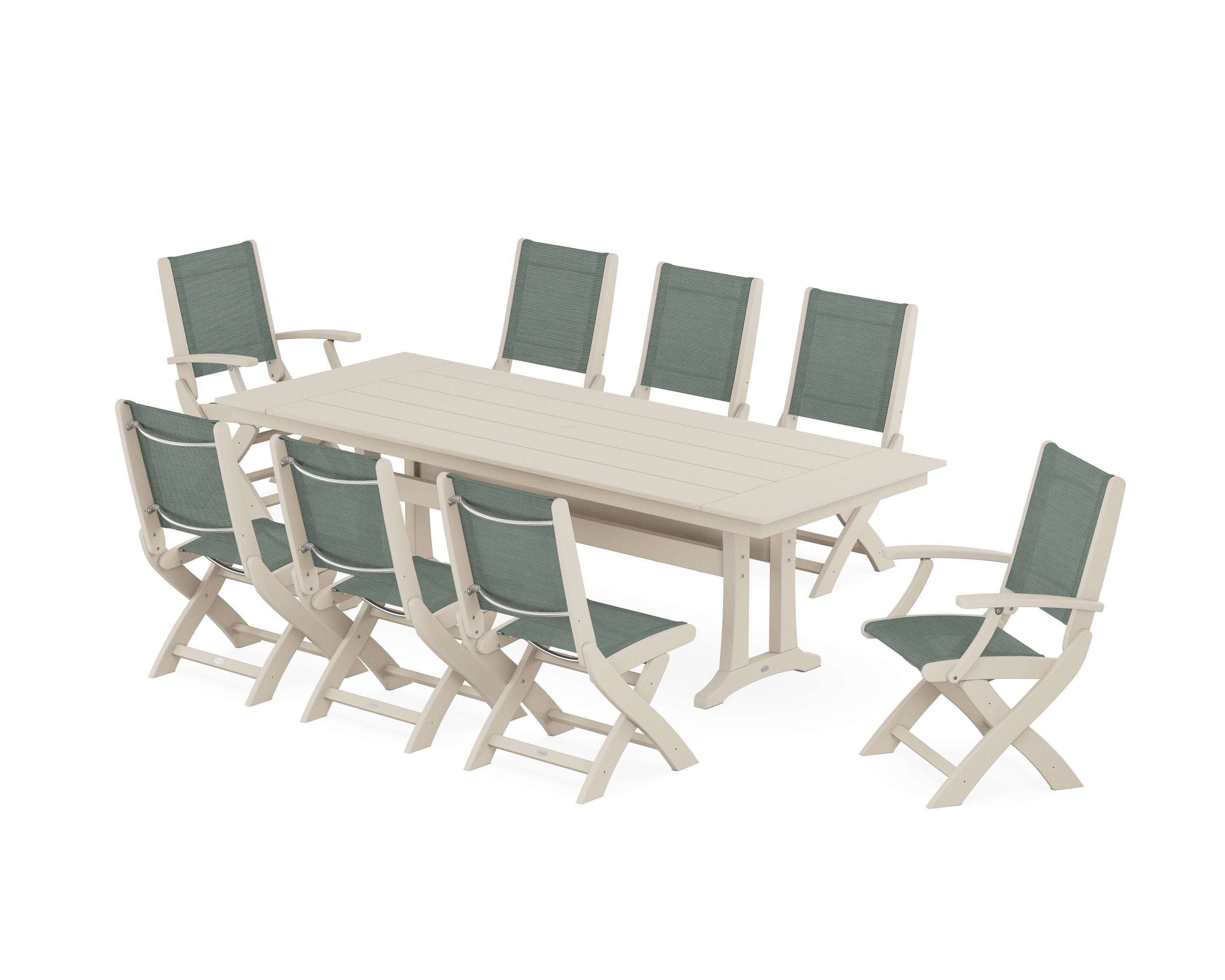 POLYWOOD Coastal 9-Piece Folding Dining Chair Farmhouse Dining Set with Trestle Legs in Sand / Dupioni Sea Mist Sling