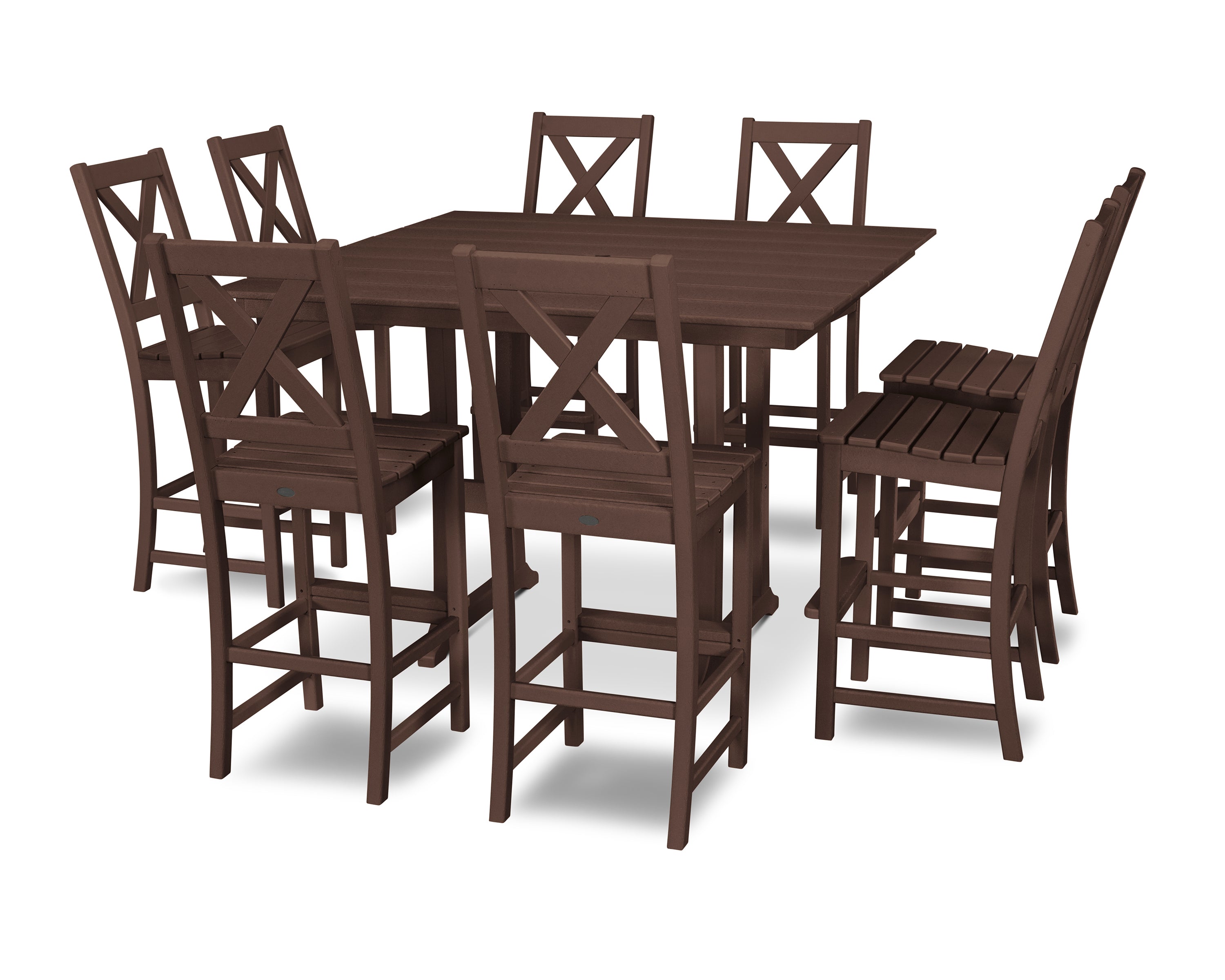 POLYWOOD Braxton 9-Piece Farmhouse Trestle Bar Set in Mahogany