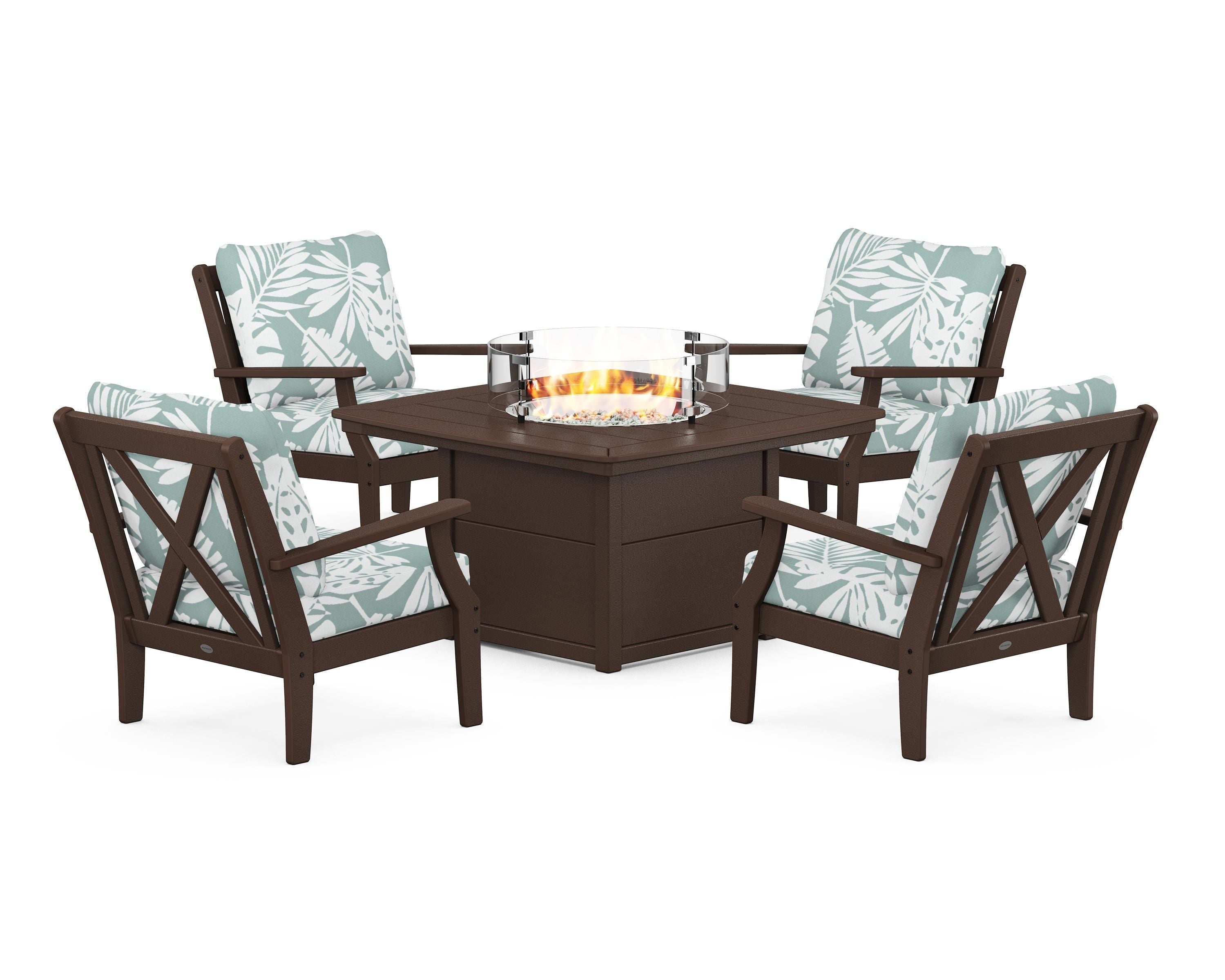 POLYWOOD Braxton 5-Piece Deep Seating Conversation Set with Fire Pit Table in Mahogany / Leaf Glacier Spa