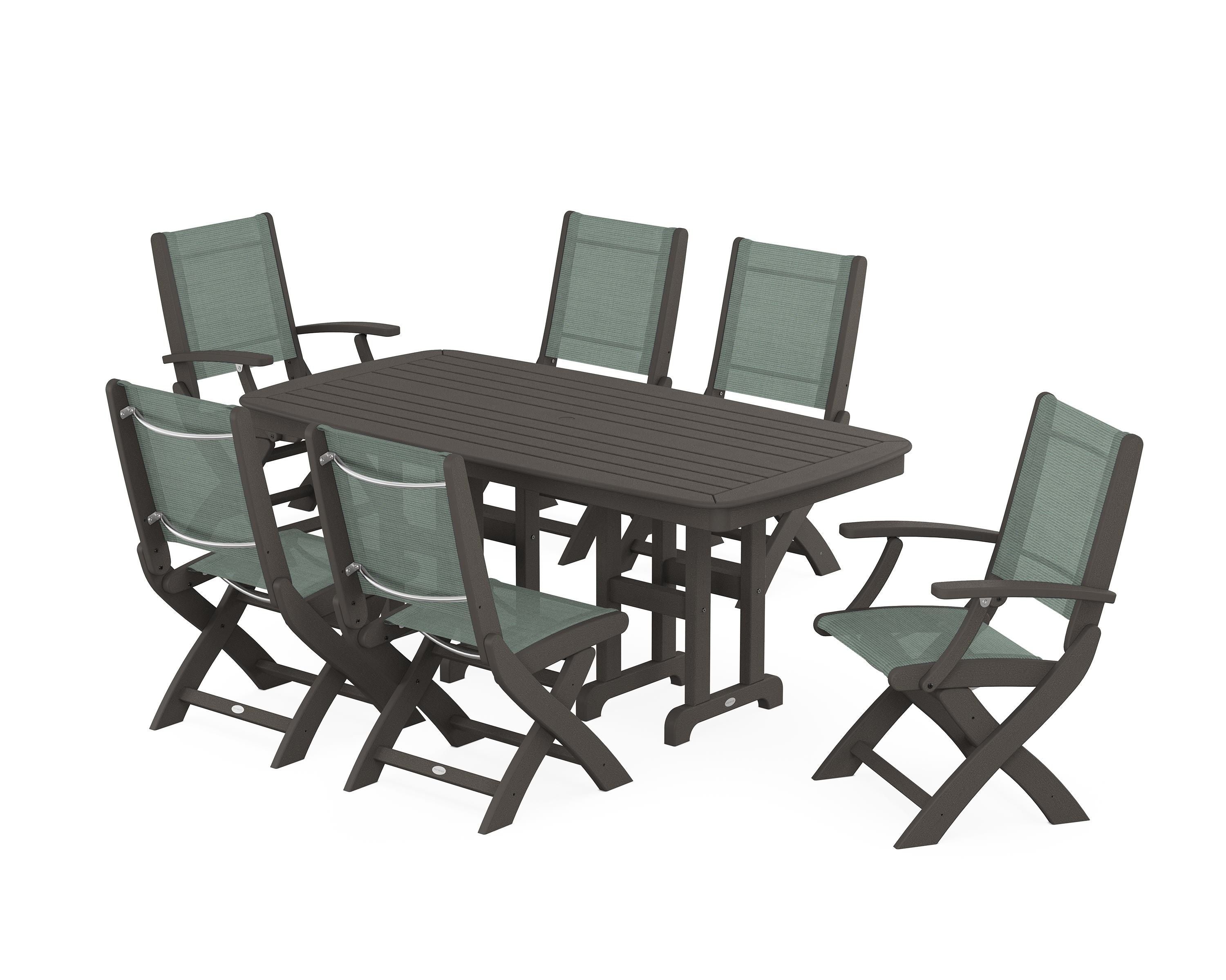 POLYWOOD Coastal Folding Chair 7-Piece Dining Set in Vintage Coffee / Dupioni Sea Mist Sling
