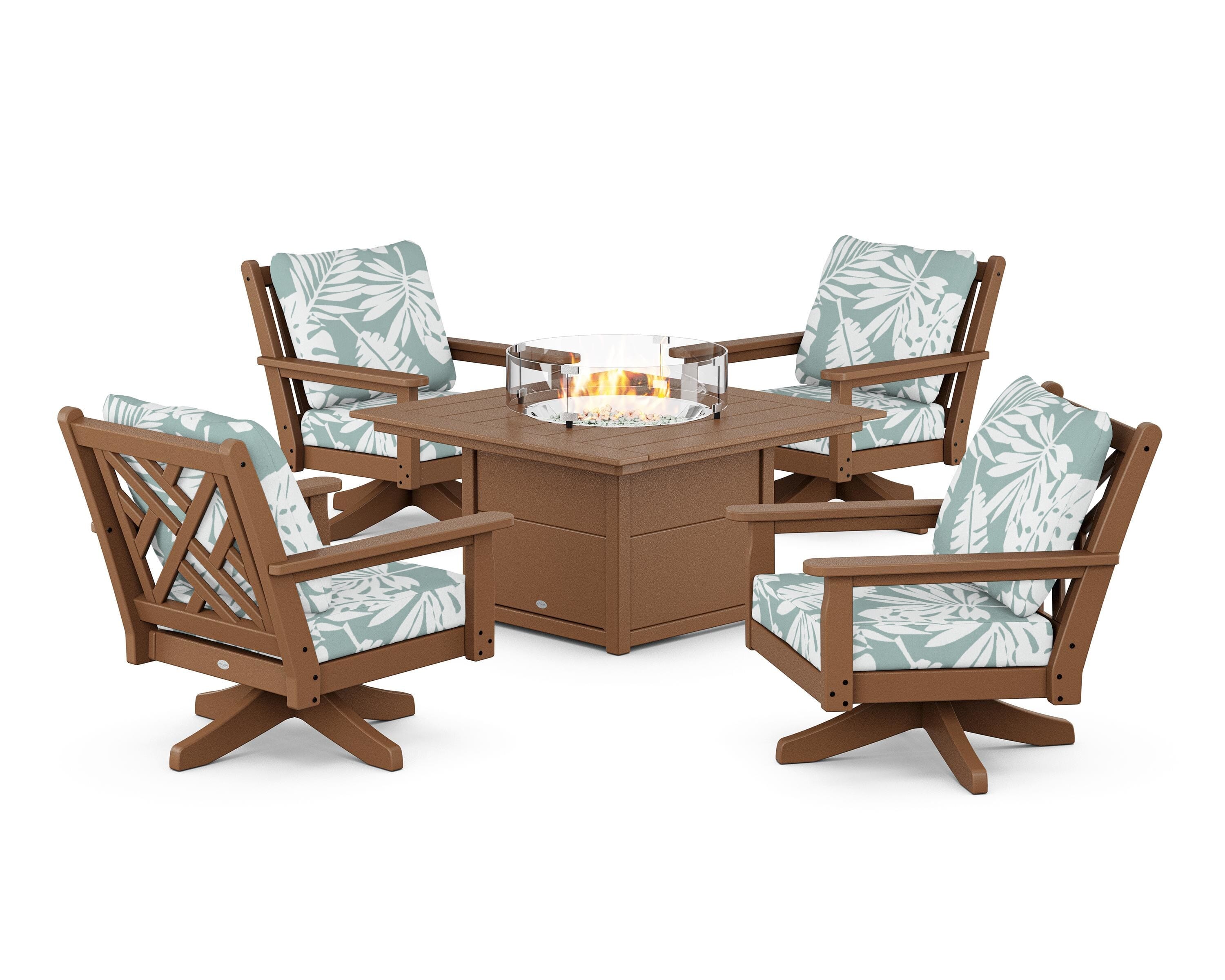 POLYWOOD Chippendale 5-Piece Deep Seating Swivel Conversation Set with Fire Pit Table in Teak / Leaf Glacier Spa