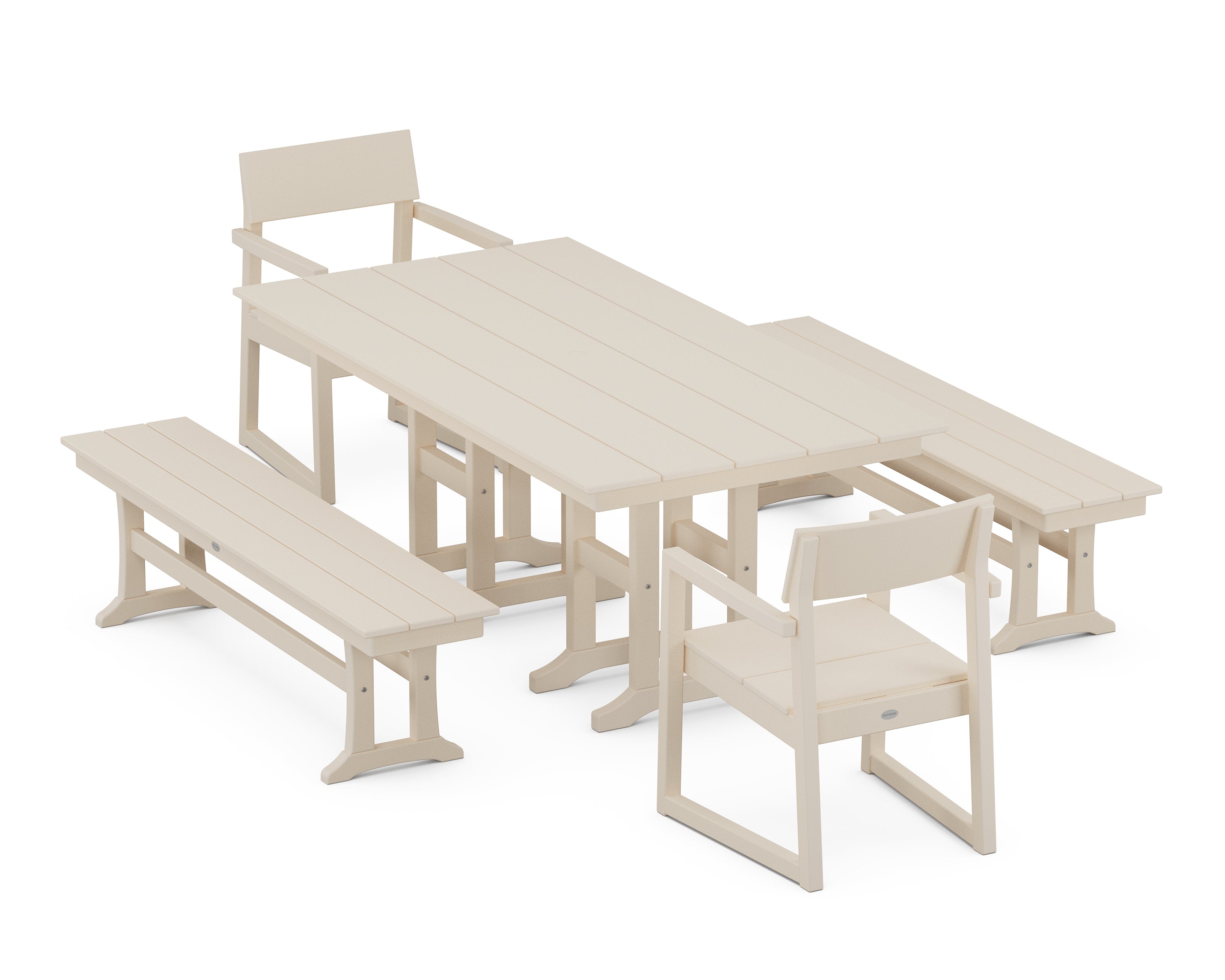 POLYWOOD EDGE 5-Piece Farmhouse Dining Set with Benches in Sand